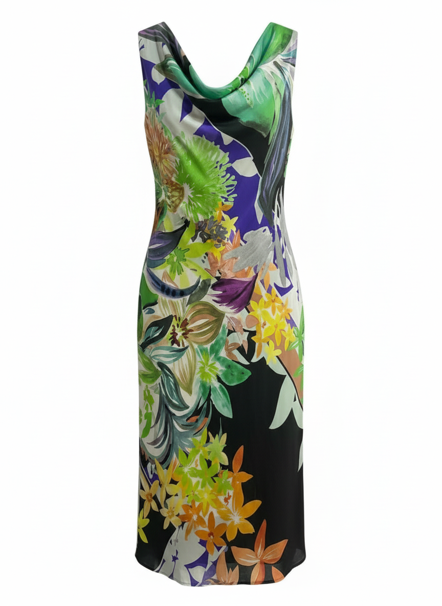Cassani vintage dress with multicolor botanical print and draped cowl neck

