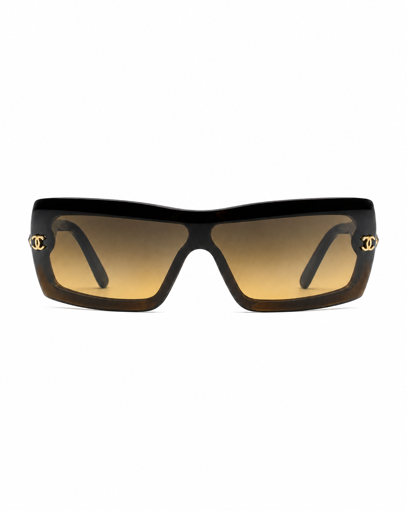 Chanel rectangular shield eyewear with amber tones and luxury detailing
