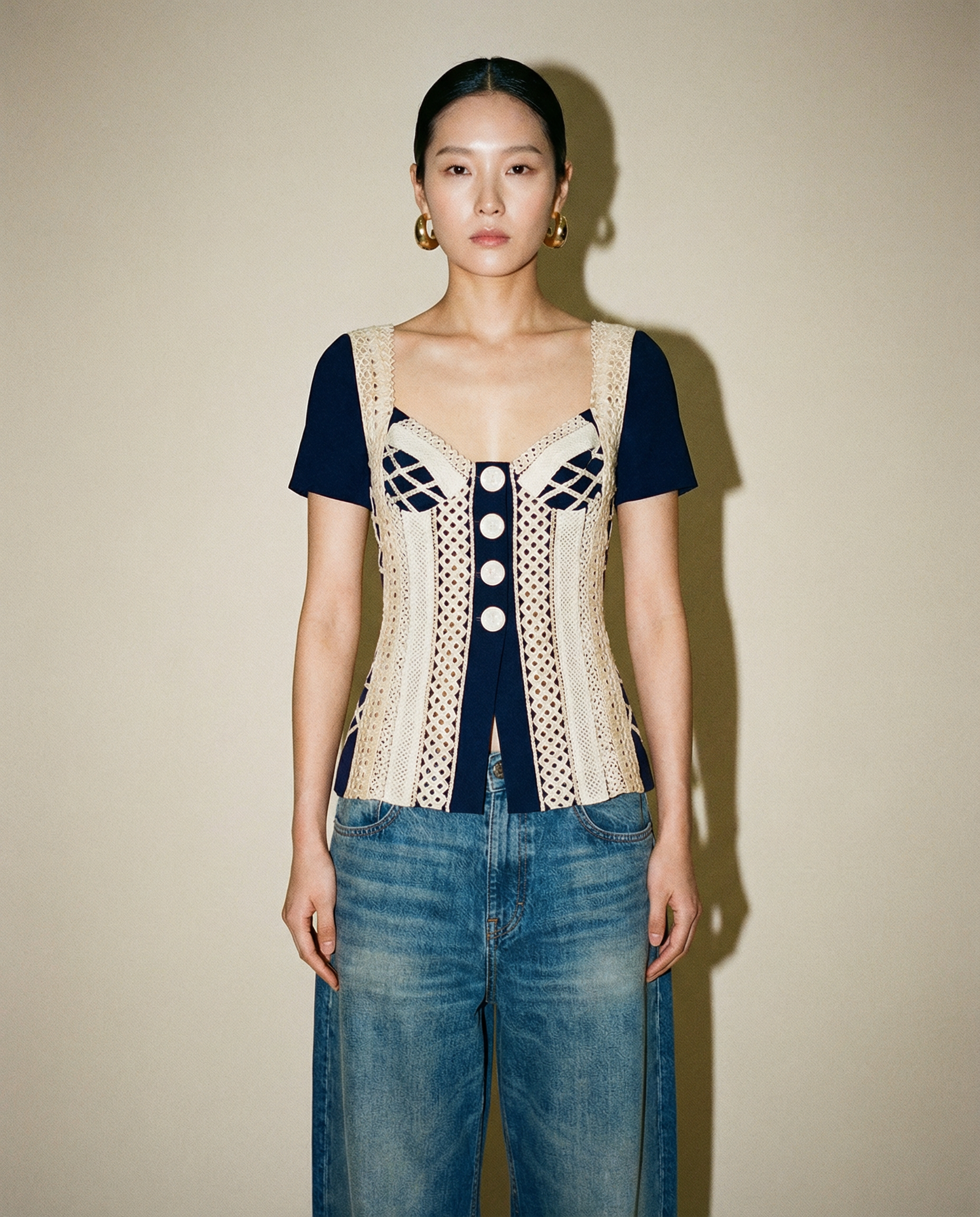 Christian Dior SS1993 crochet corset top with navy base and cream lace overlay | Gianfranco Ferré vintage piece_mezzanotte resale vintage