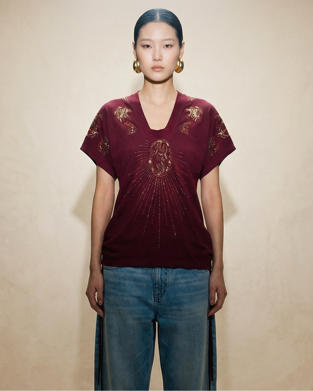 Christian Dior embroidered paisley top SS 2004 in red with ruched sides | Galliano boho chic designer top