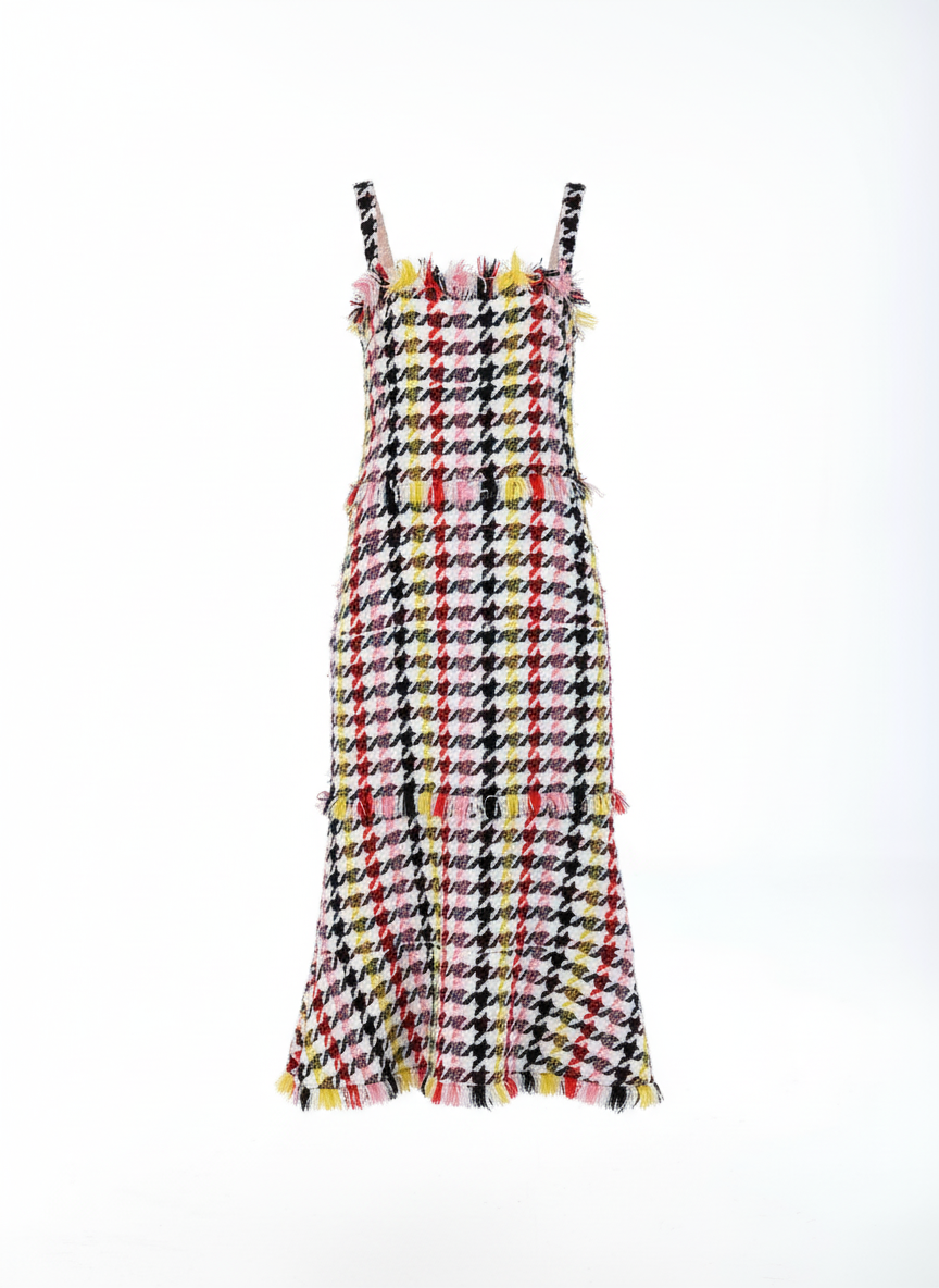 Houndstooth midi dress with raw edge fringe and tiered silhouette designer piece