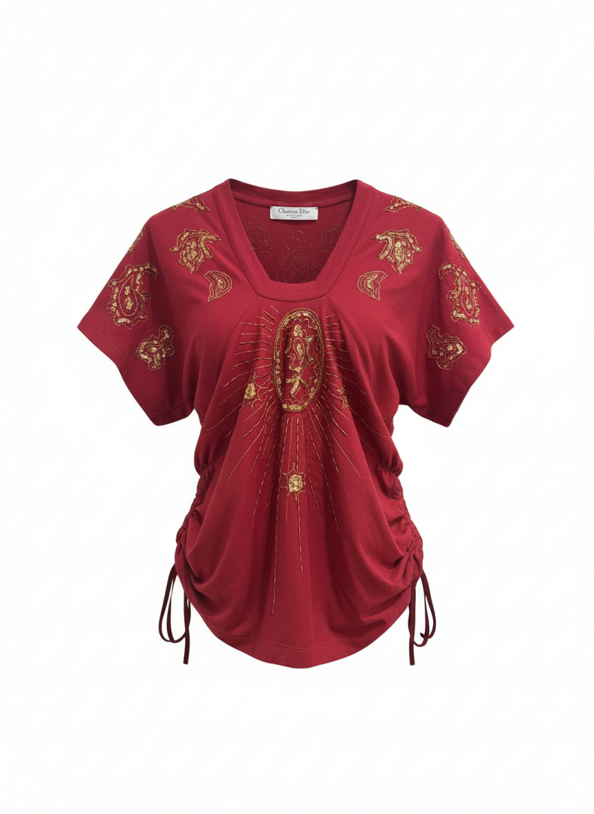 Christian Dior Galliano era red top with ornate embroidery and ruched silhouette | archival fashion piece