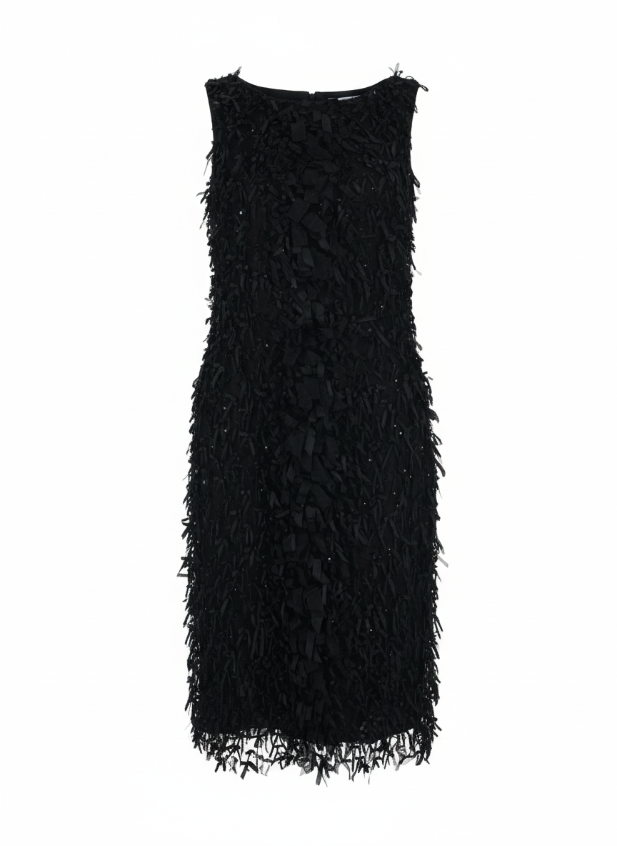 Black silk cocktail dress with fringe texture and sleeveless silhouette designer vintage piece