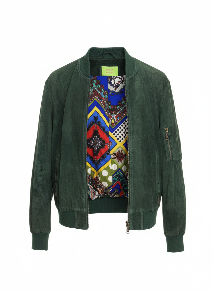 Forest Green Suede Bomber Jacket with Patterned Lining