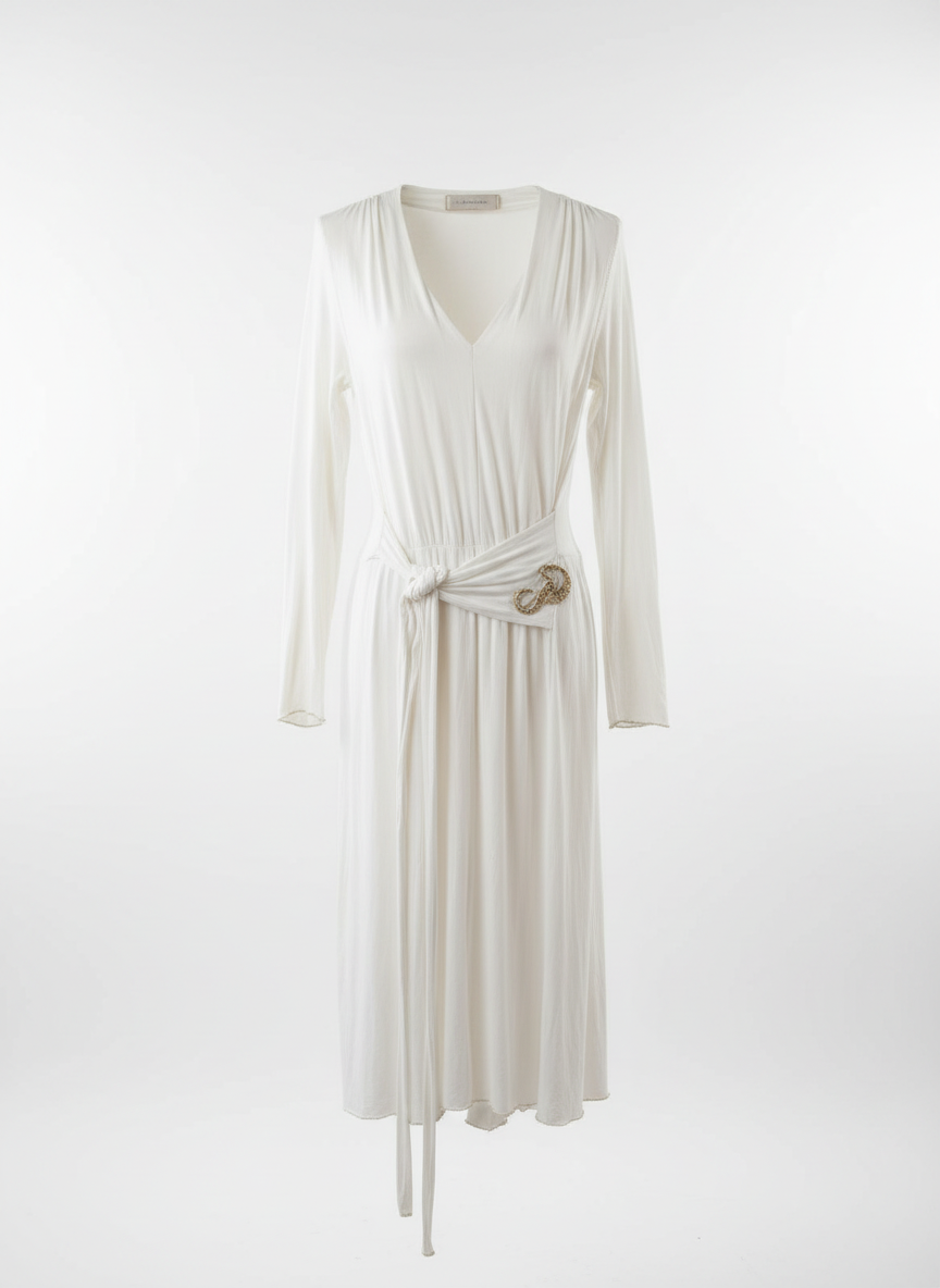 Cavalli long sleeve midi dress in ivory with wrap waist and double ring buckle | elegant evening dress Madrid