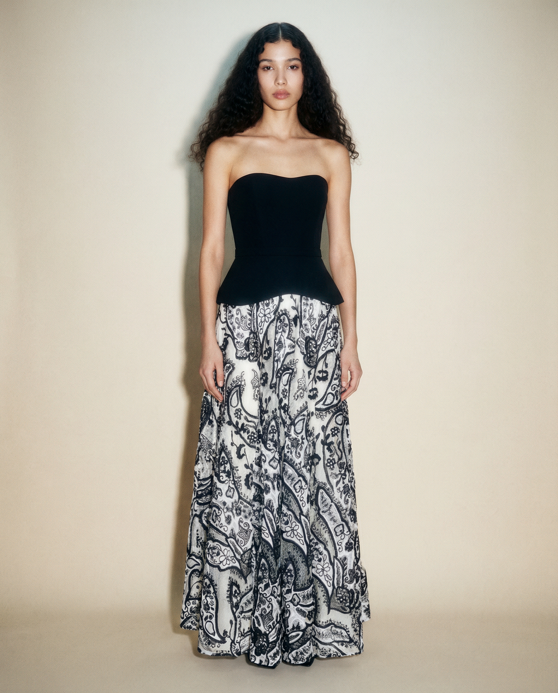 Dior FW18 couture strapless gown with sculptural bodice and ornate embroidered skirt — archival designer resale from mezzanotte