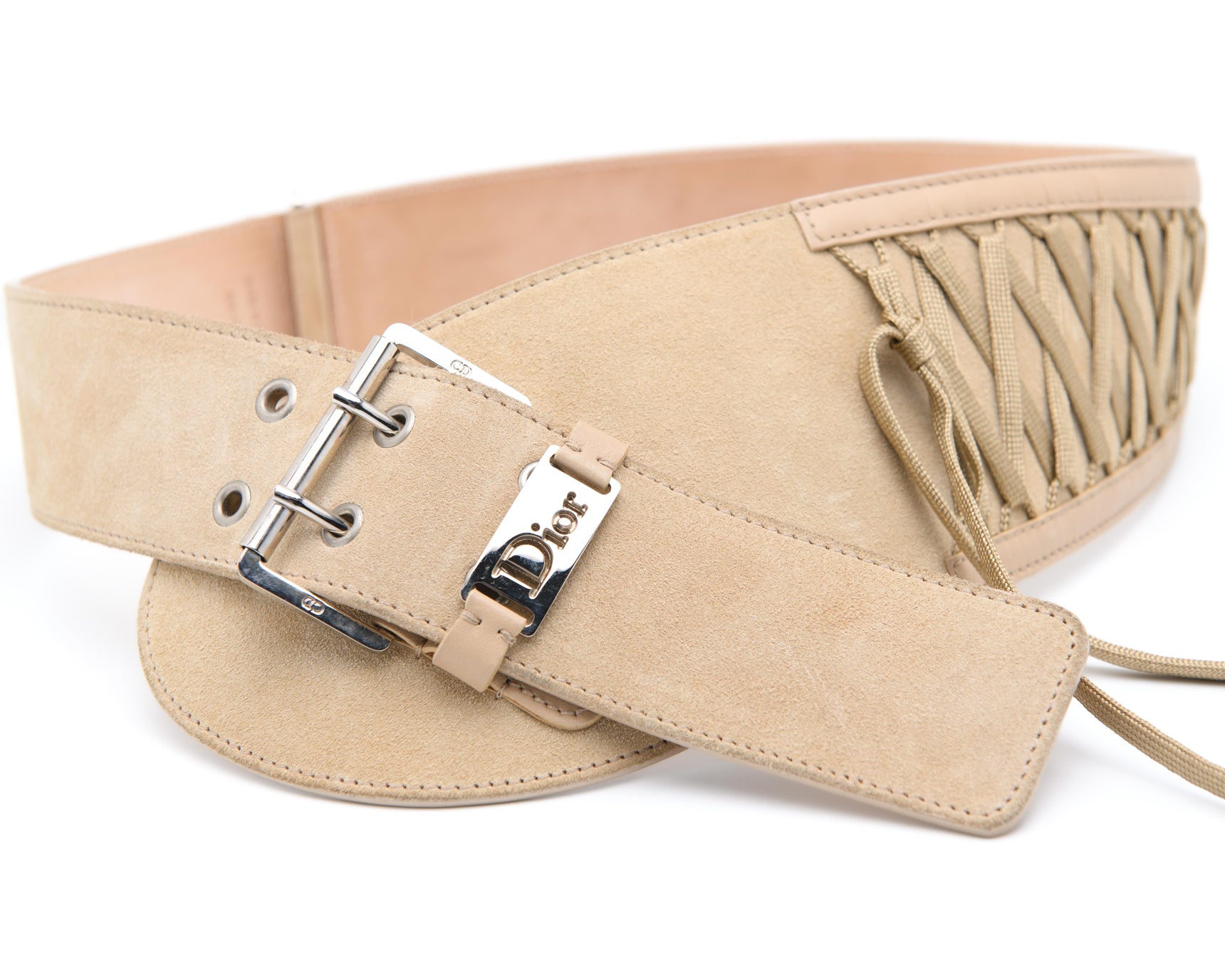 Dior “Admit It” corset belt in beige suede with logo hardware and sculptural silhouette | archival designer accessory
