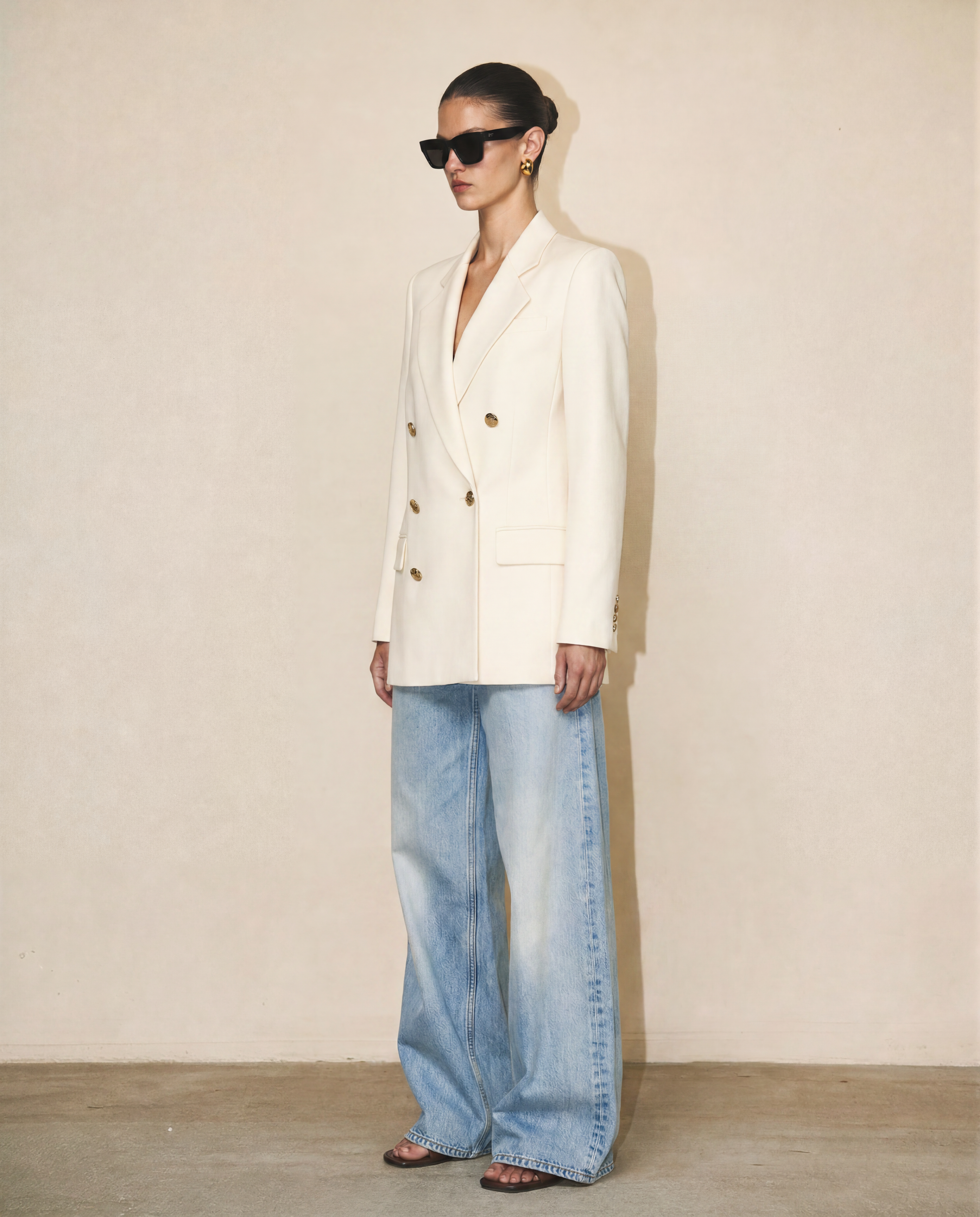 Side profile of the FRAME Relaxed Double-Breasted Blazer showcasing the effortless oversized fit and clean tailoring lines.