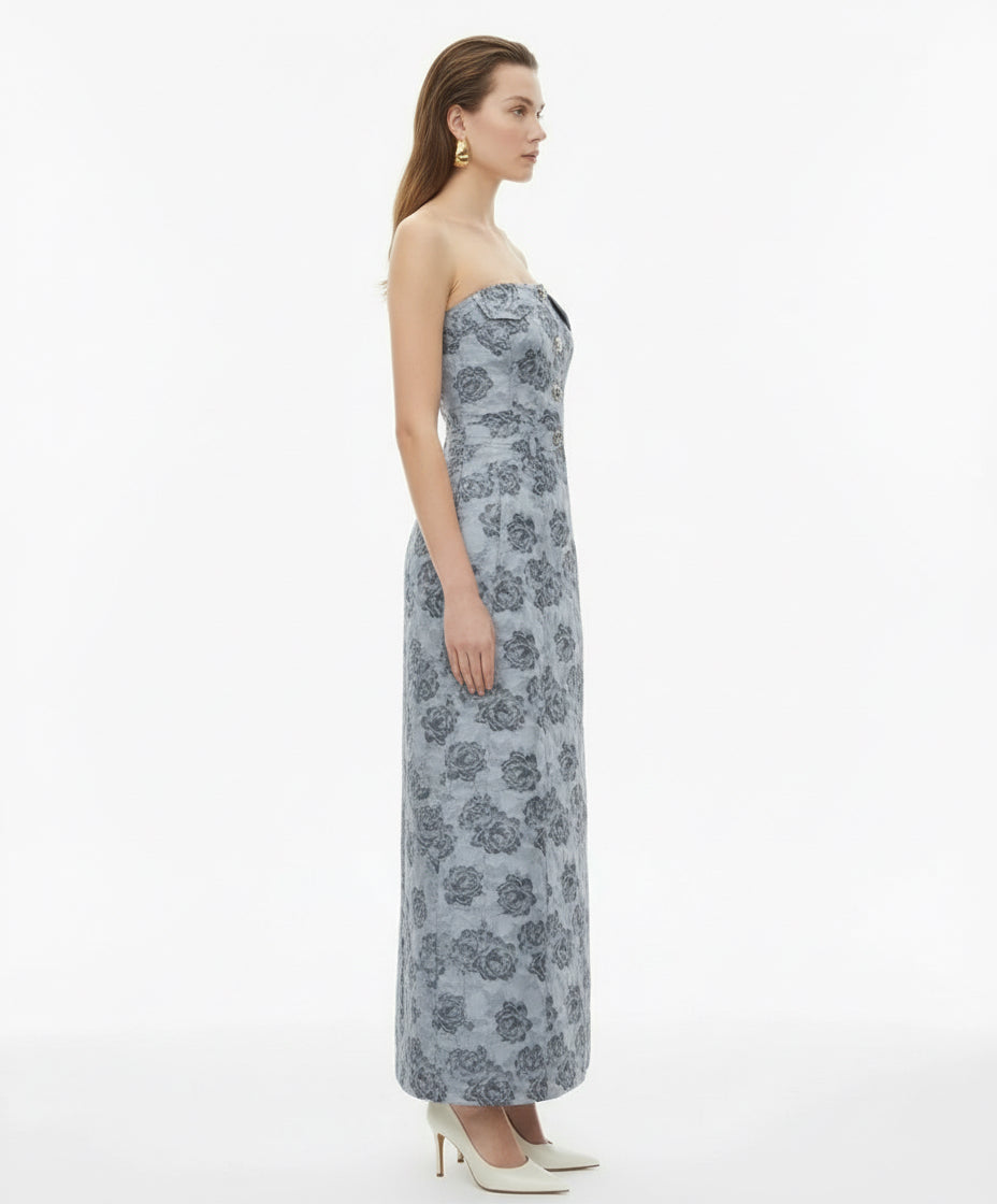 Ganni floral jacquard dress with bandeau neckline and fitted bodice elegant midi silhouette