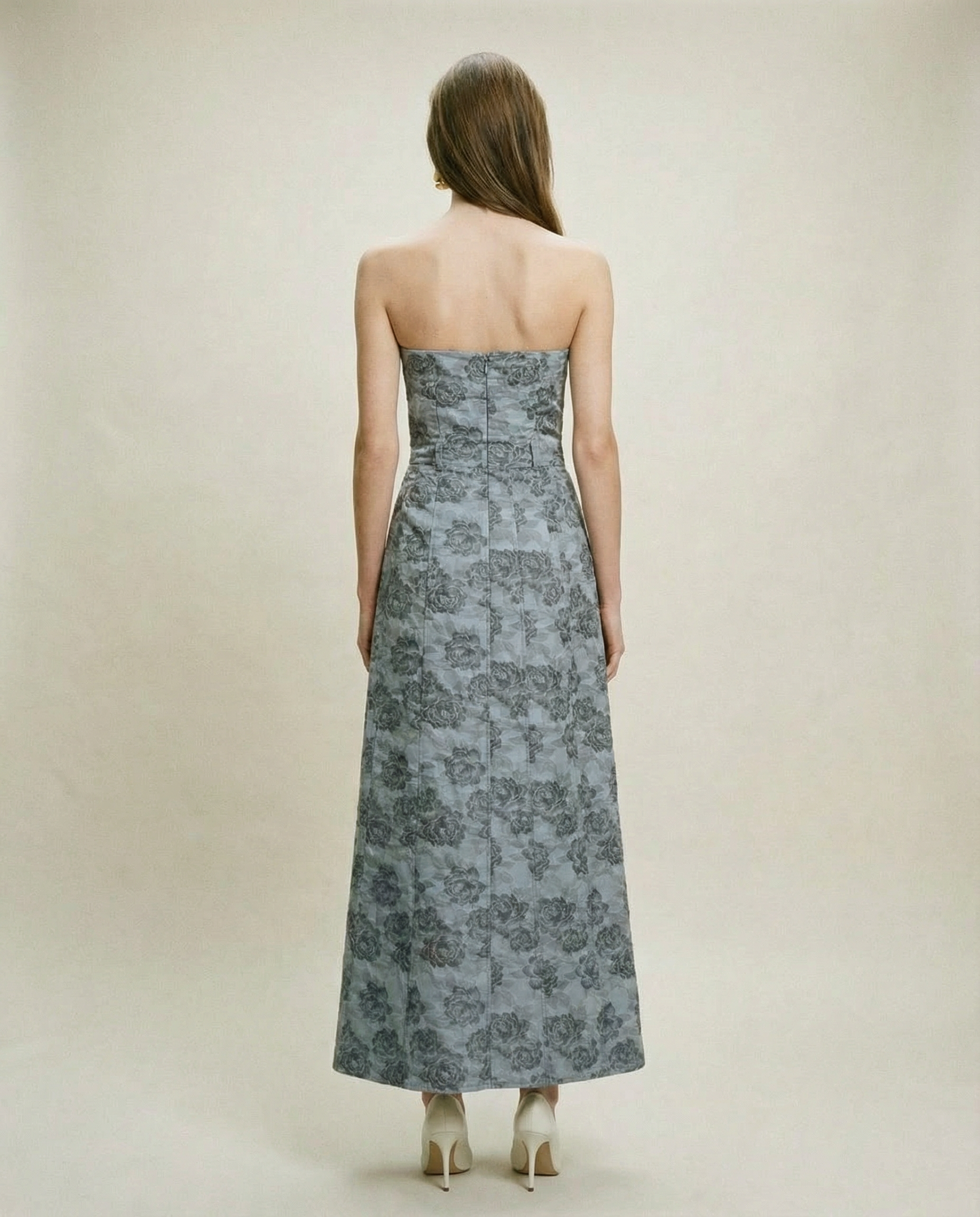 Ganni strapless floral dress in grey with button front and structured silhouette Mezzanotte Madrid rental