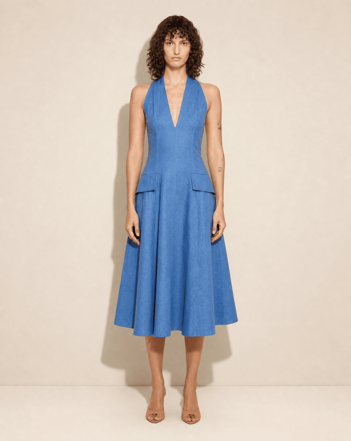 Sculptural Halterneck Cotton Midi Dress, Pre-Fall 2023