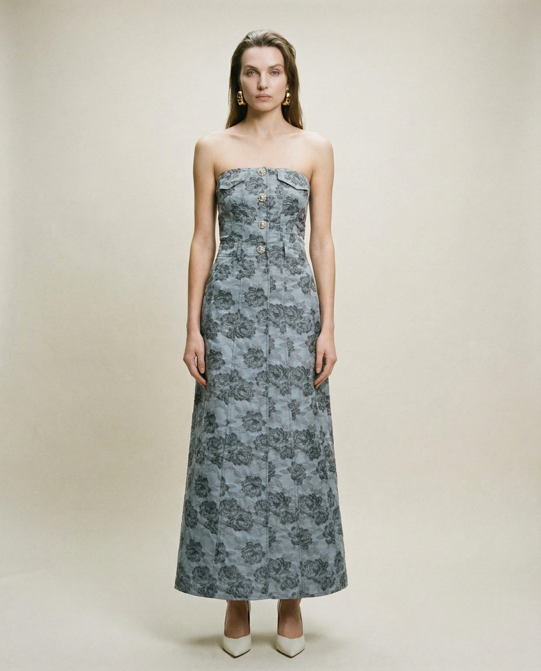 Ganni strapless floral dress in grey with button front and structured silhouette Mezzanotte Madrid