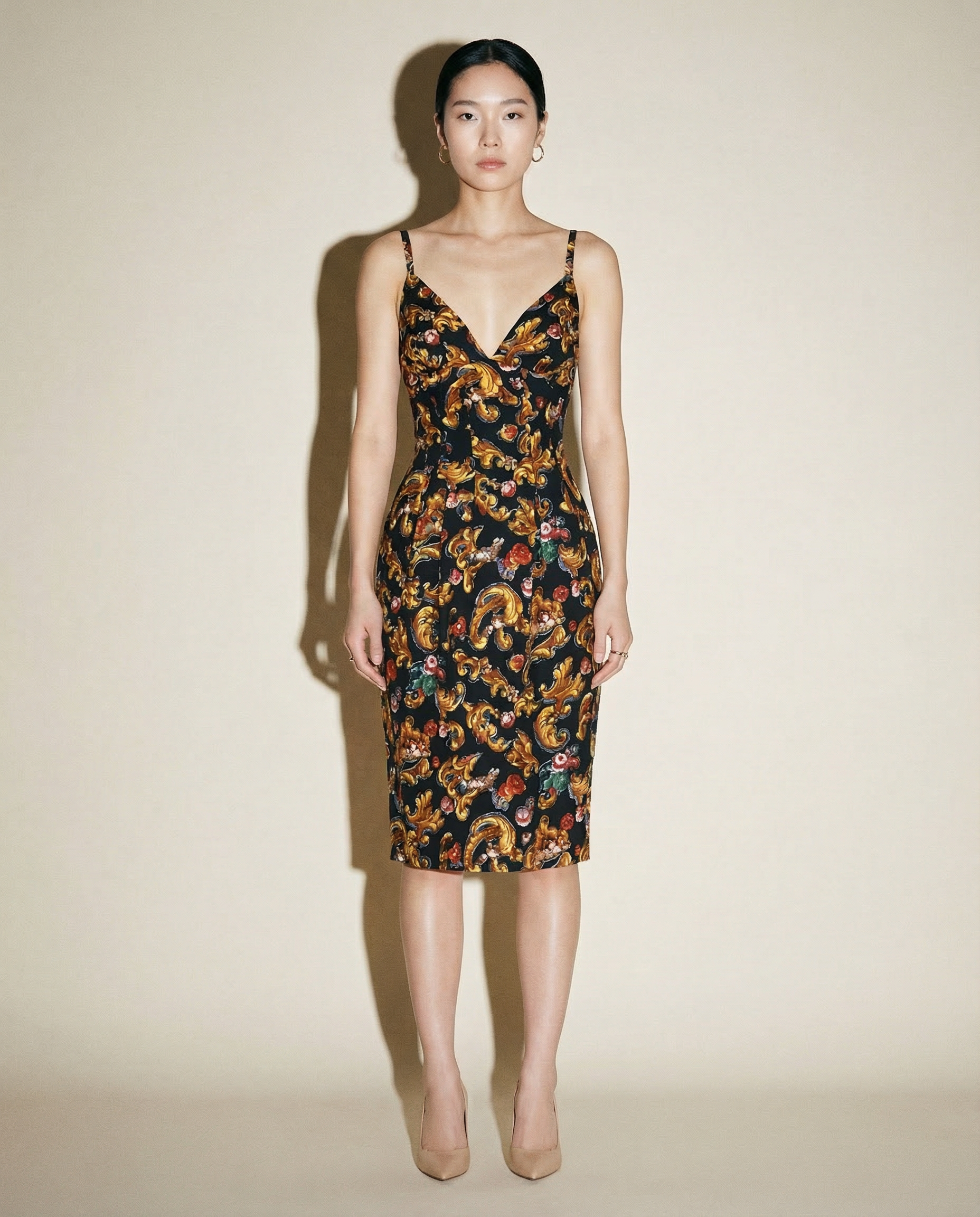 Fendi 90s baroque print dress with spaghetti straps and fitted silhouette Mezzanotte Madrid