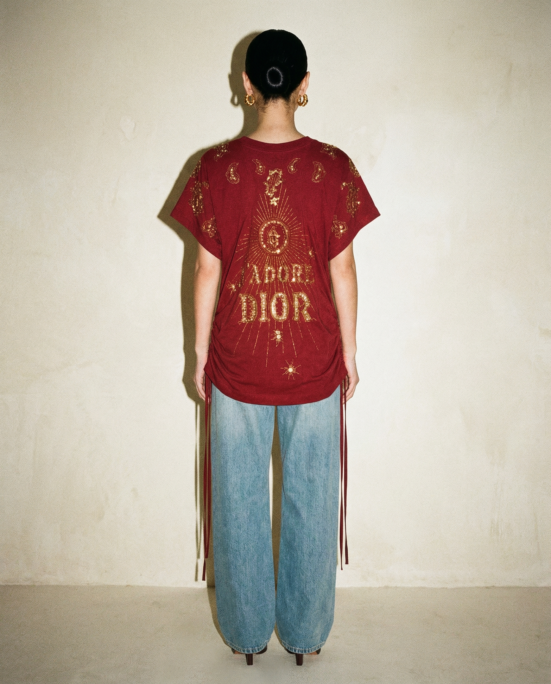 Dior vintage embroidered t shirt with gold paisley motifs and drawstring waist | early 2000s designer top Madrid