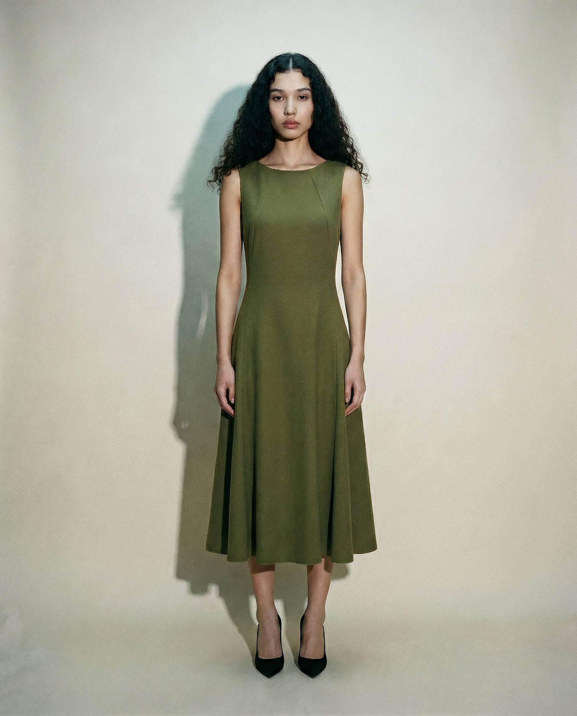 Structured A-Line Midi Dress — Minimal Sculptural Silhouette