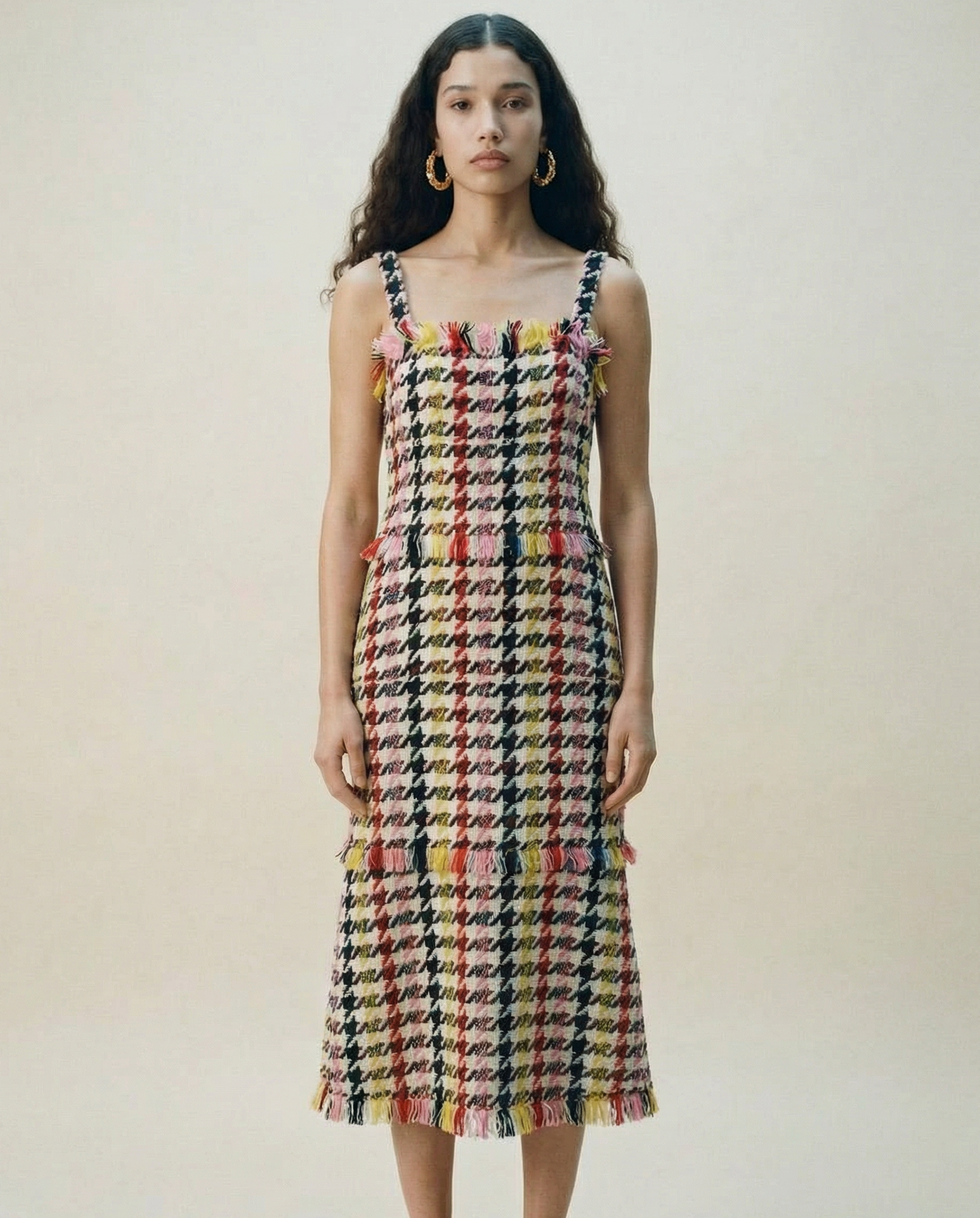 Oscar de la Renta multicolor tweed dress with fringe detailing SS24 Mezzanotte Madrid