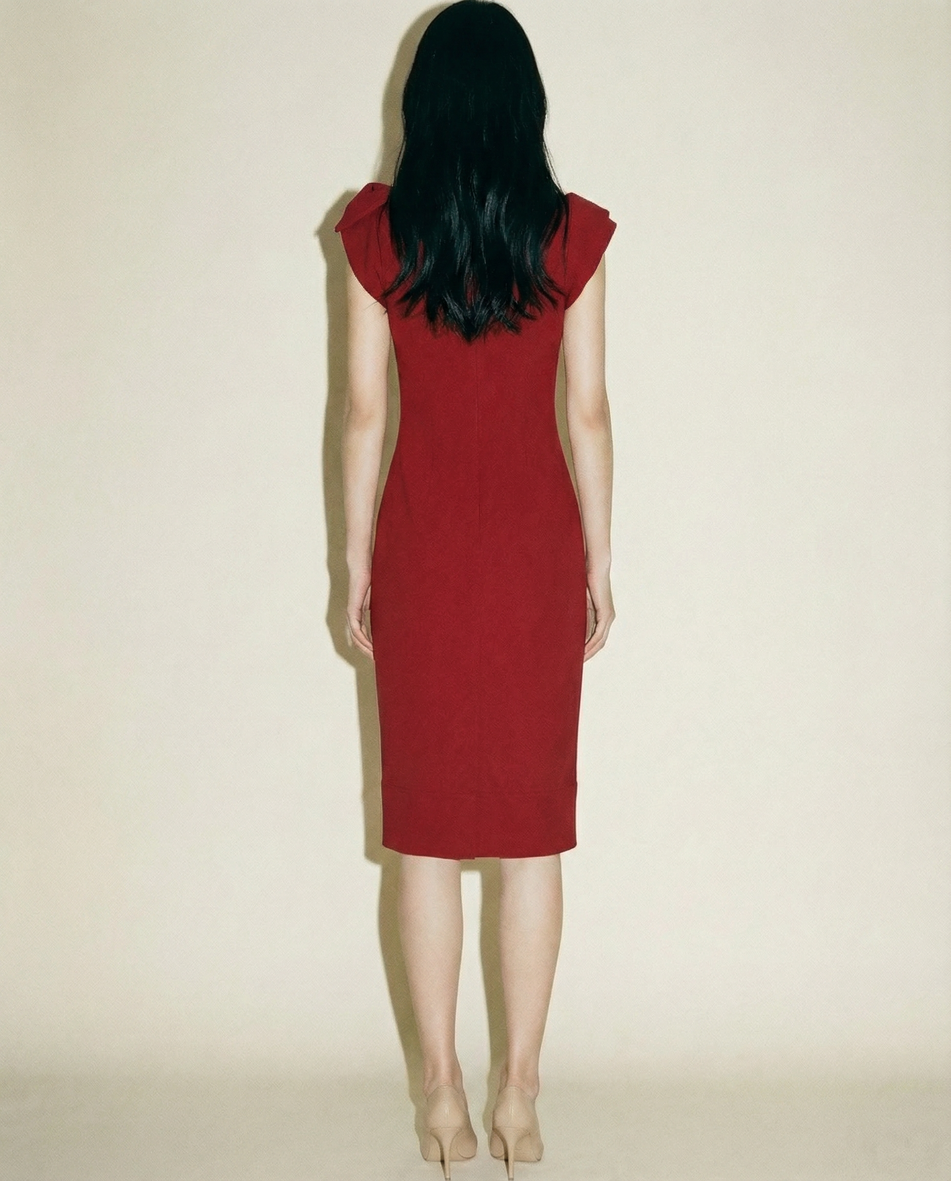 Red Asymmetrical Bow Dress — Sculpted Midi Silhouette