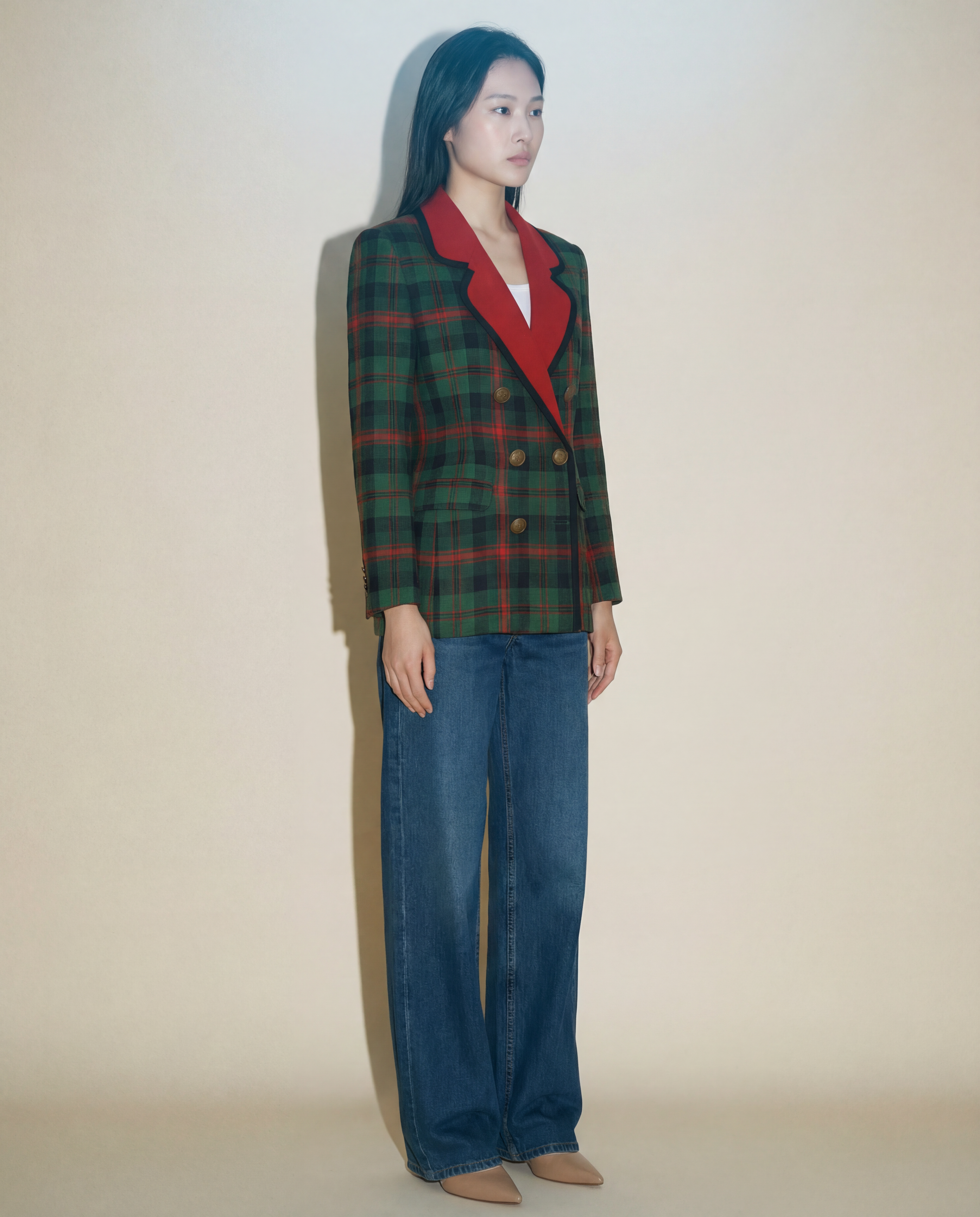 Tartan Double-Breasted Blazer — Red Lapel Power Silhouette