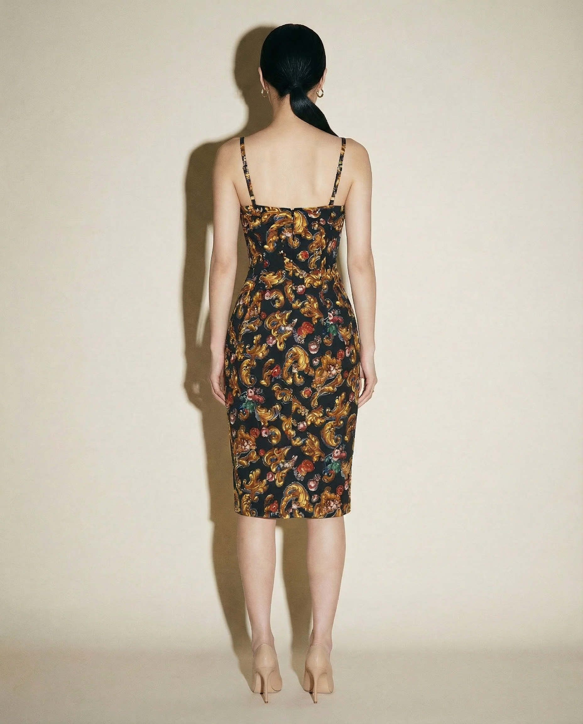Baroque print sheath dress with slim straps and vintage designer silhouette Mezzanotte Madrid