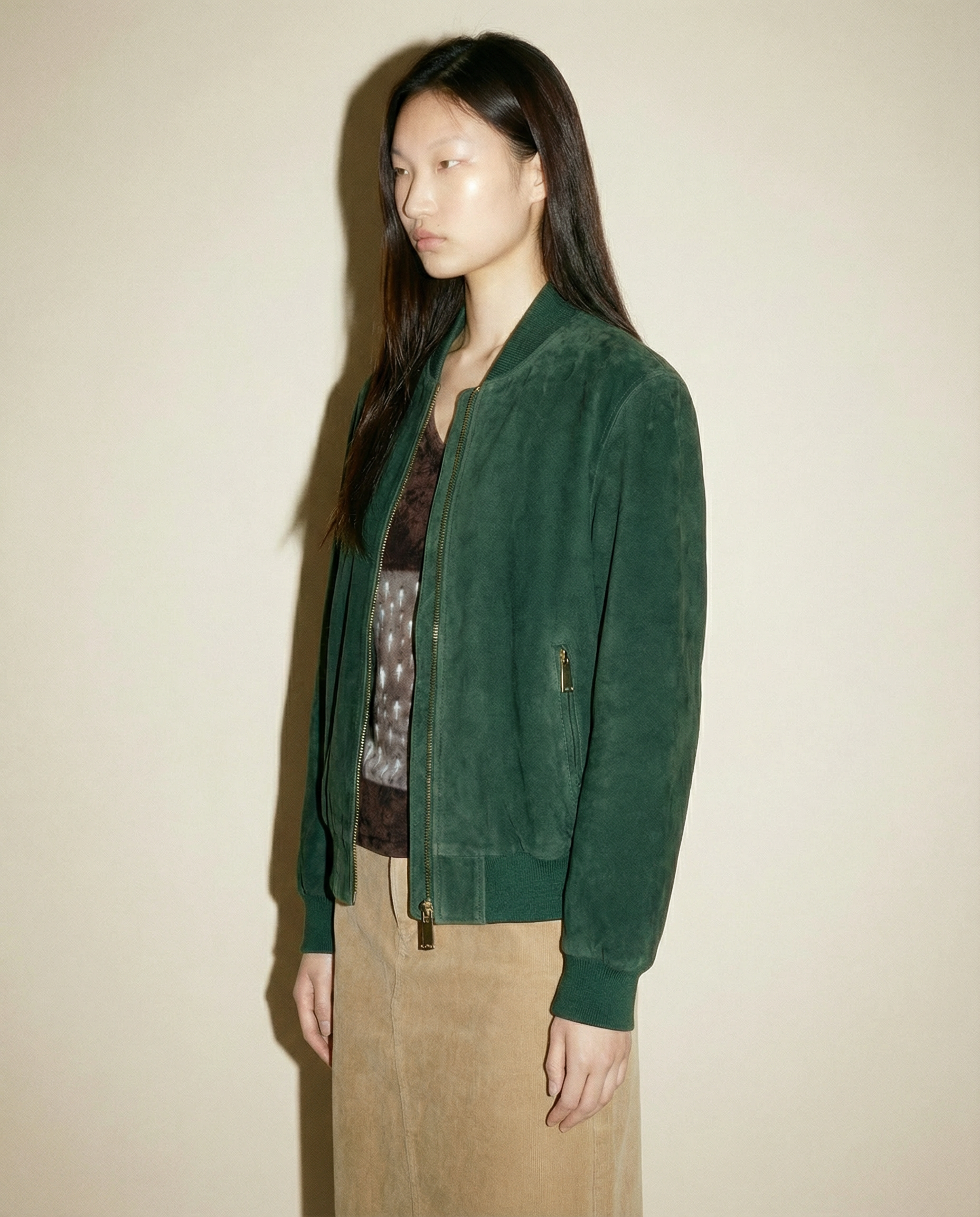 Forest Green Suede Bomber Jacket with Patterned Lining