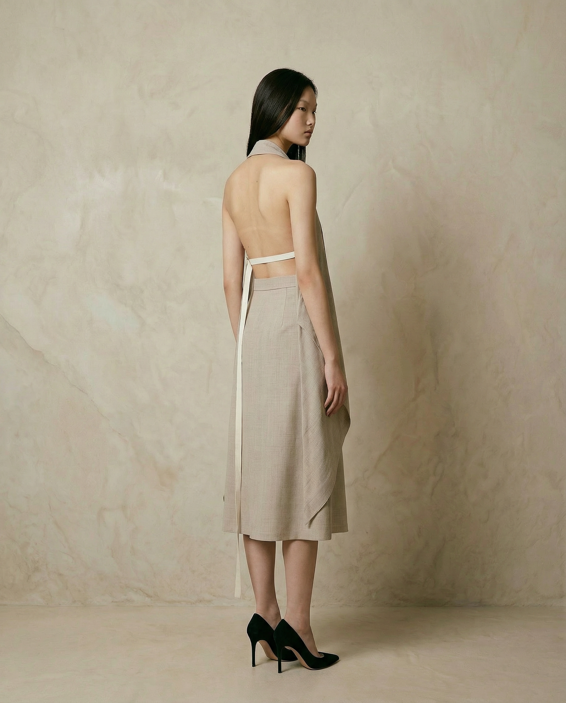 Draped Halter Midi Dress — Sculptural Open Back Silhouette