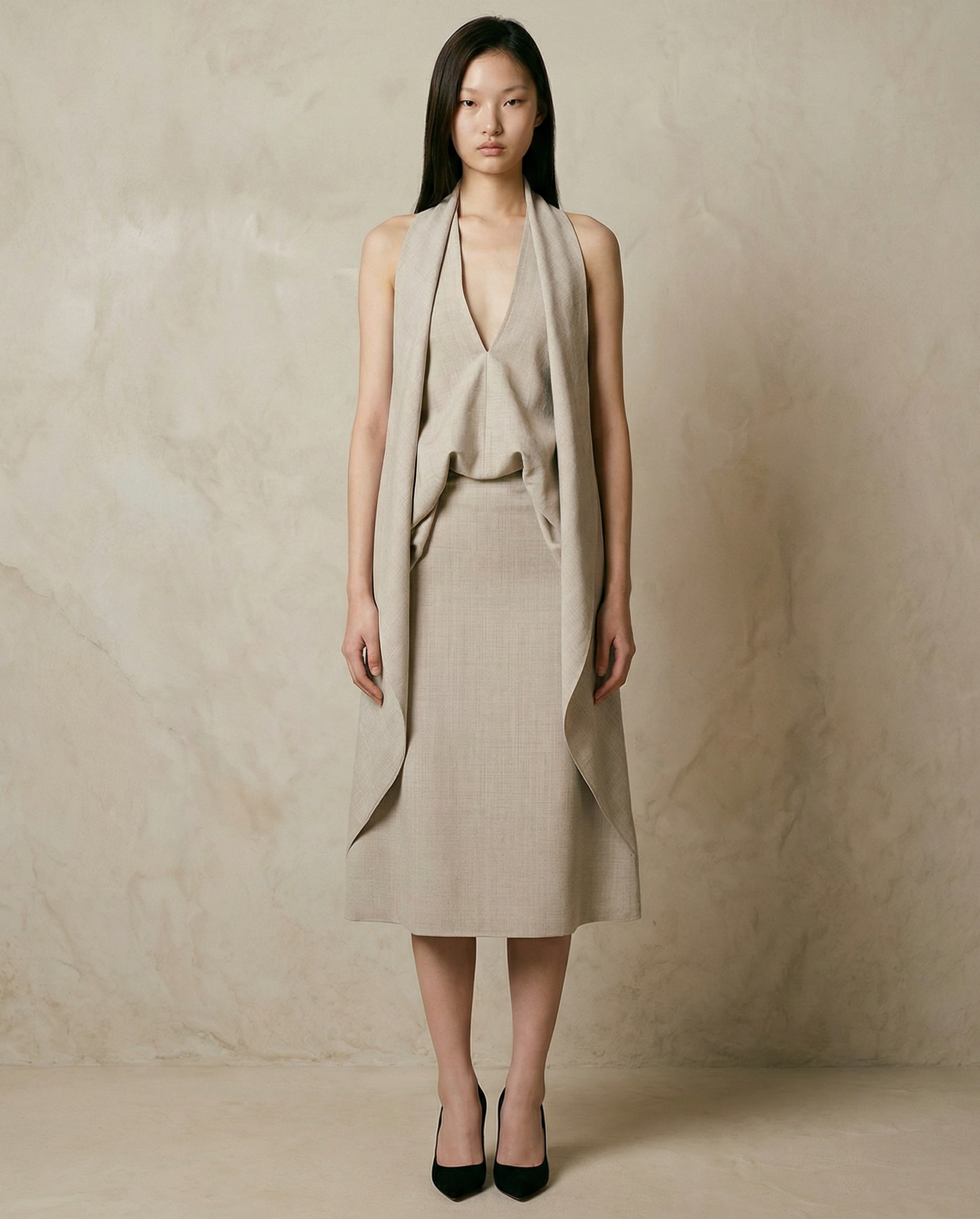 Draped Halter Midi Dress — Sculptural Open Back Silhouette