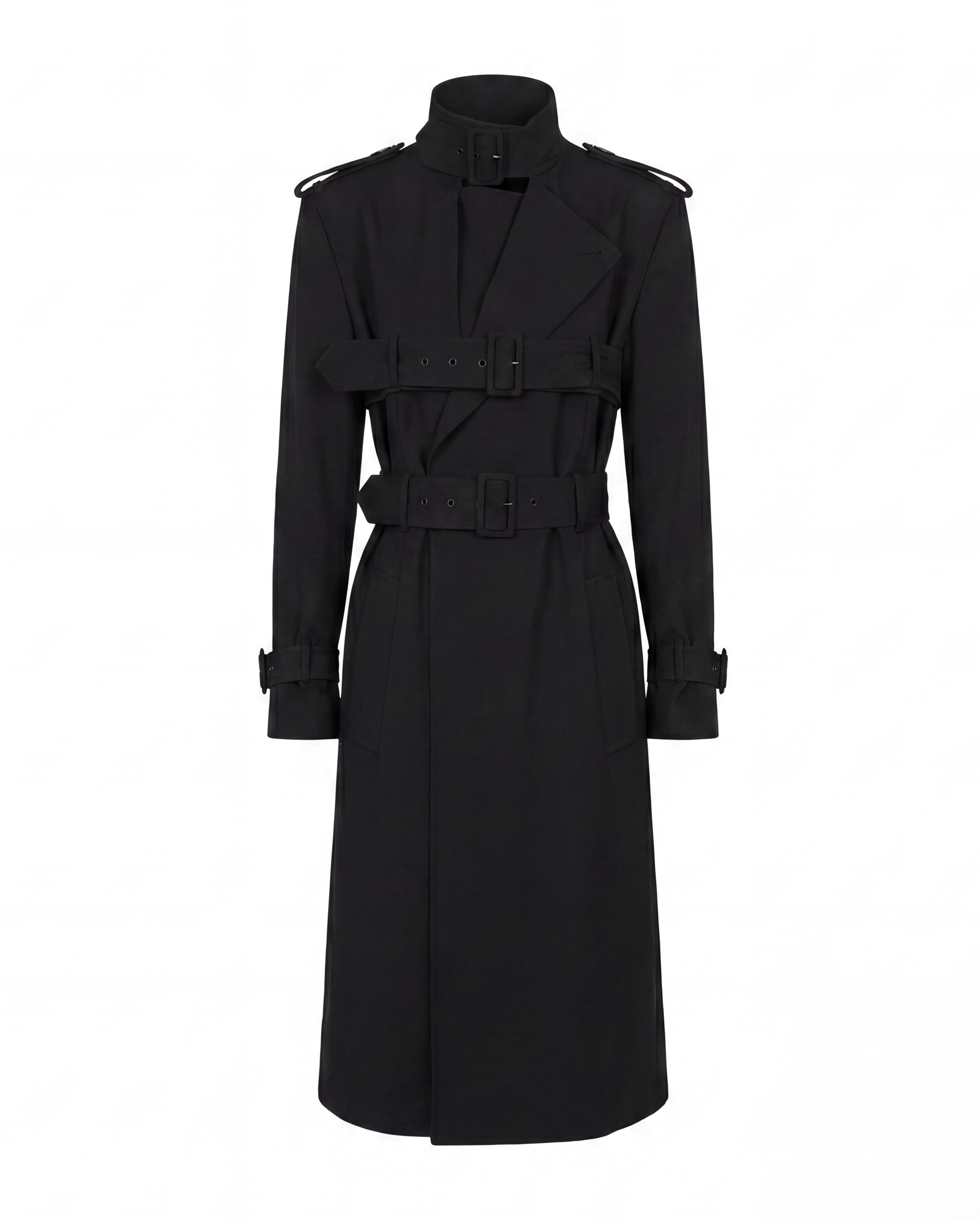 Archival JPG coat with harness belt construction and high collar