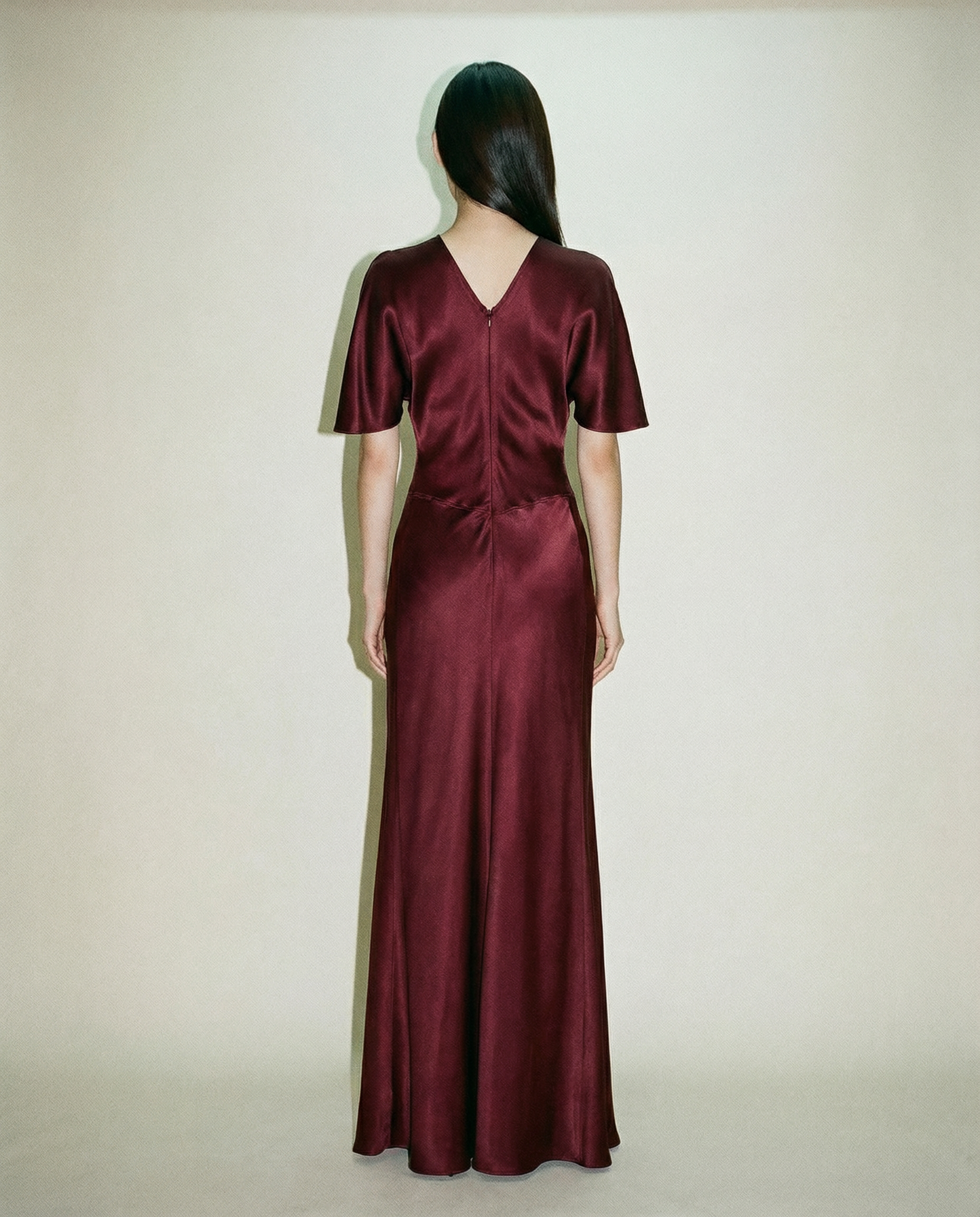 Gathered Waist Satin Gown — Deep Red Draped Silhouette