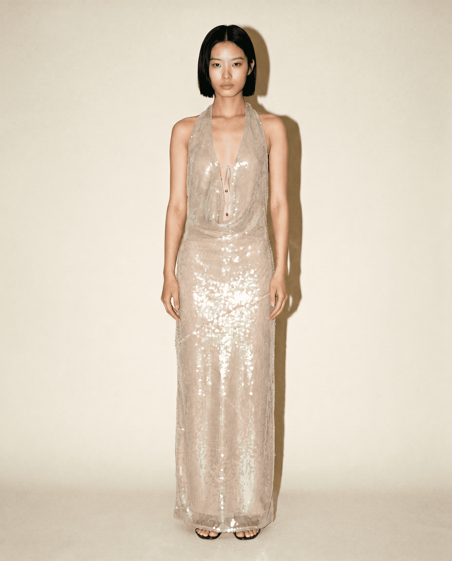 CONTEMPORARY "Stevie" Cowl-Neck Sequin Midi Dress.