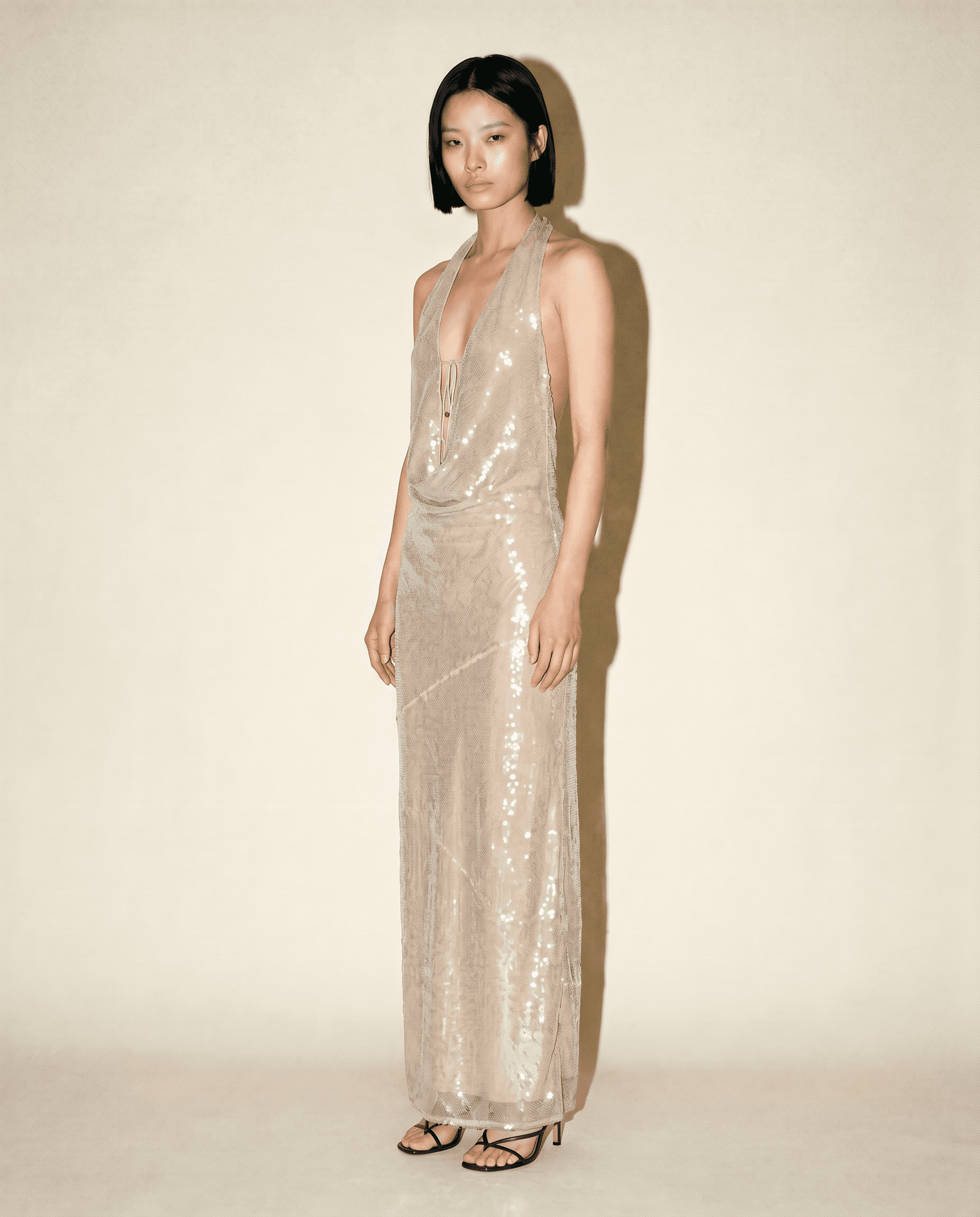 CONTEMPORARY "Stevie" Cowl-Neck Sequin Midi Dress.