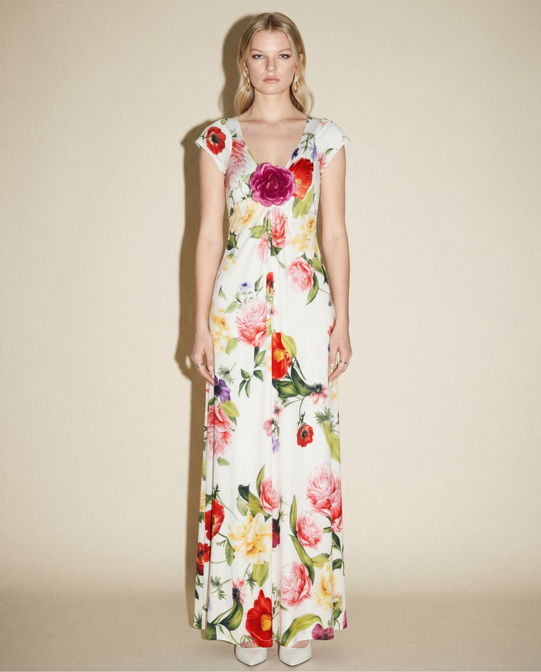 Roberto Cavalli Lily and Poppy floral maxi dress SS 2002 with vibrant multicolour print | vintage designer dress Mezzanotte Madrid