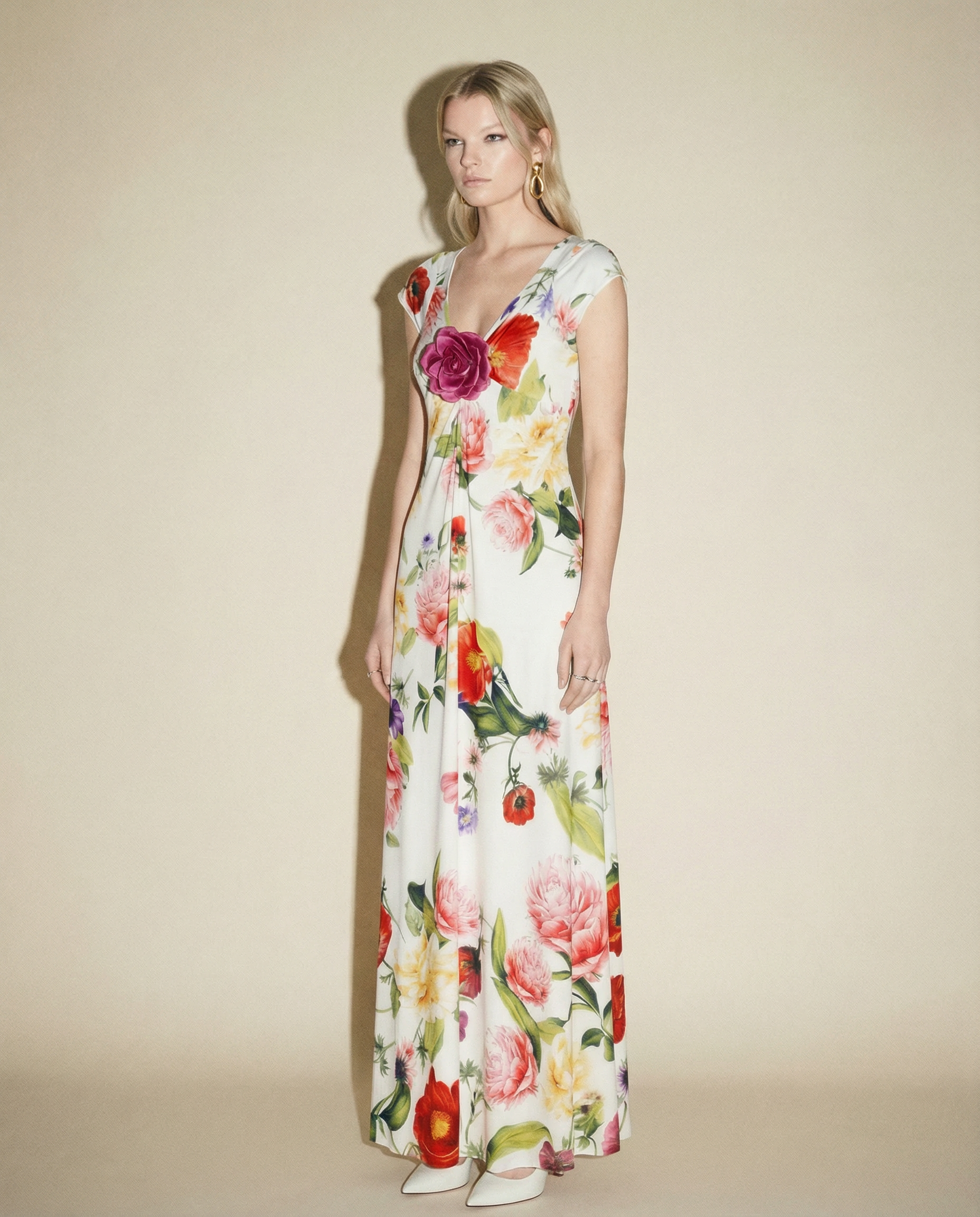 Cavalli 2000s silk maxi dress with bold floral print and draped neckline | statement summer dress Madrid