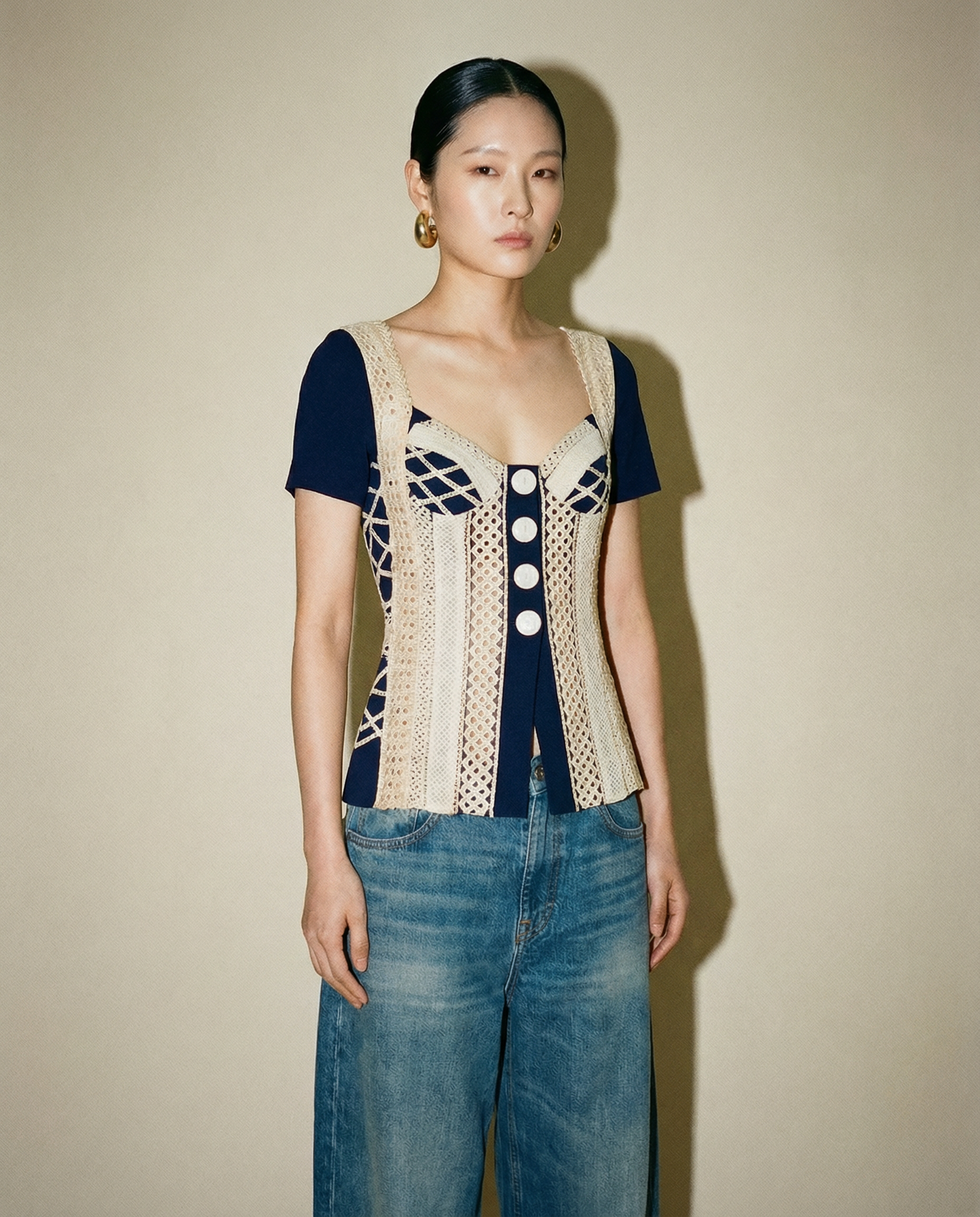 Christian Dior lace panel corset top SS 1993 with structured silhouette and statement buttons | archival fashion