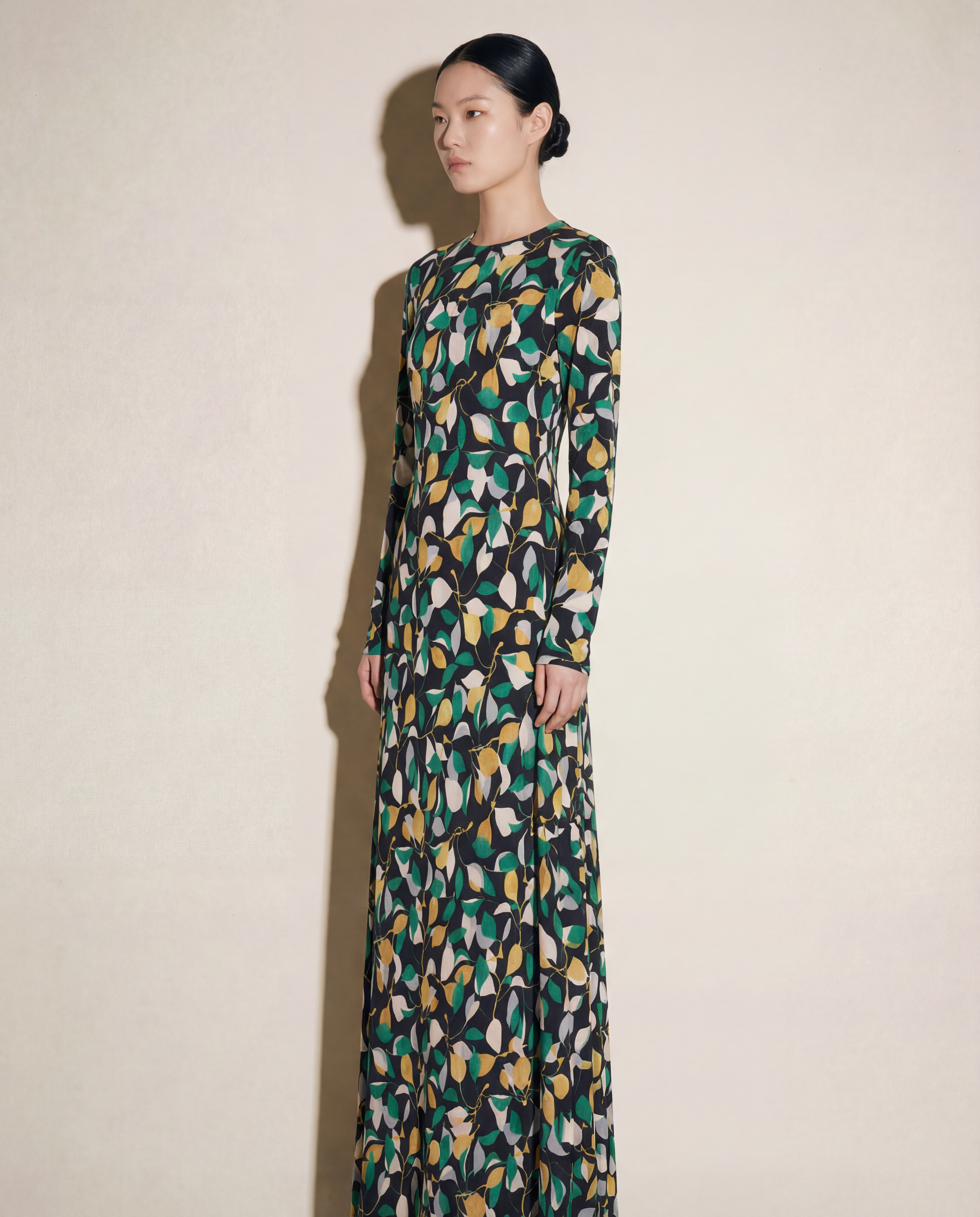 Lemon Print Long‑Sleeve Maxi Dress — Era Contemporary