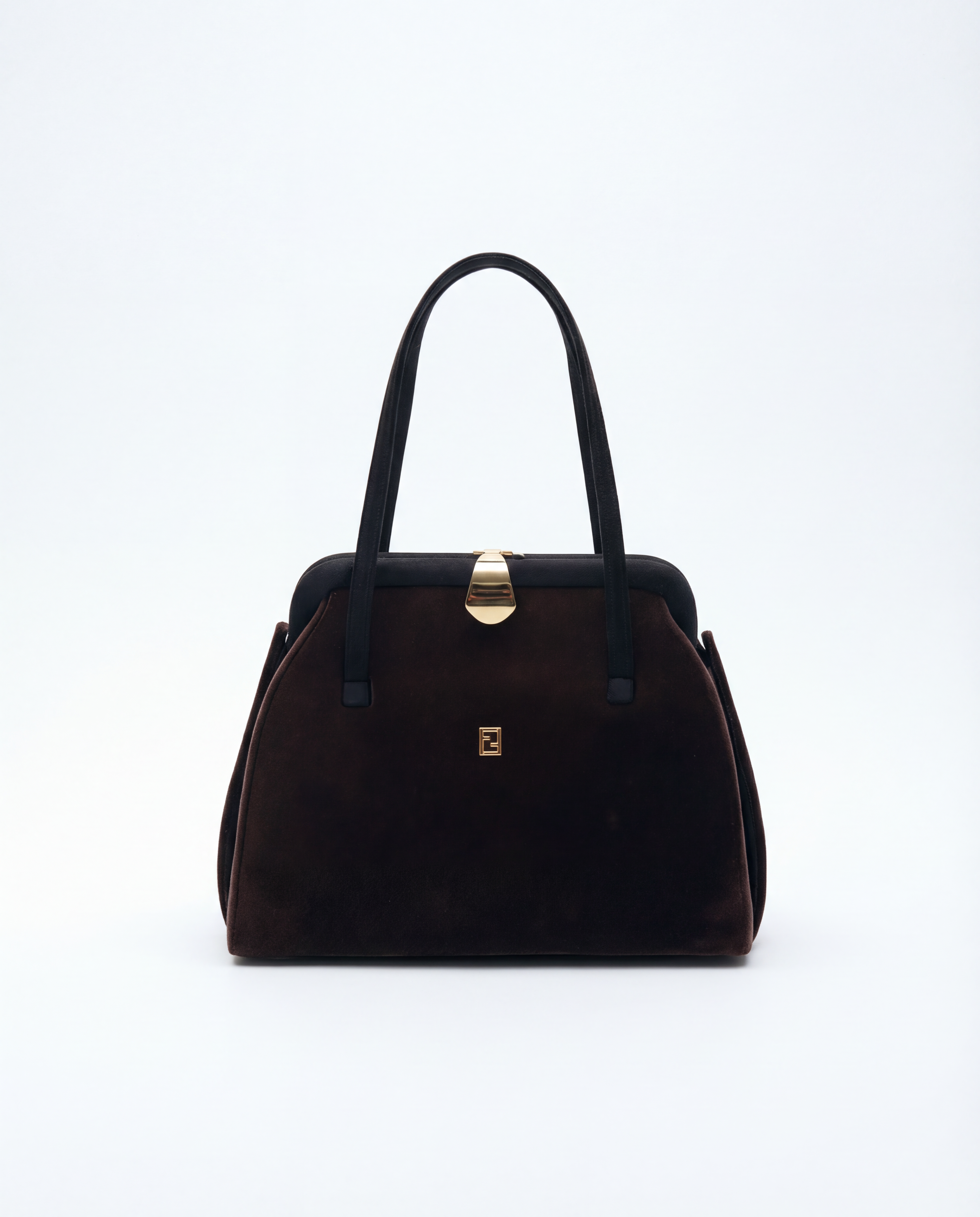 Vintage Fendi 1980s bag with chocolate brown velvet and structured gold frame top handle