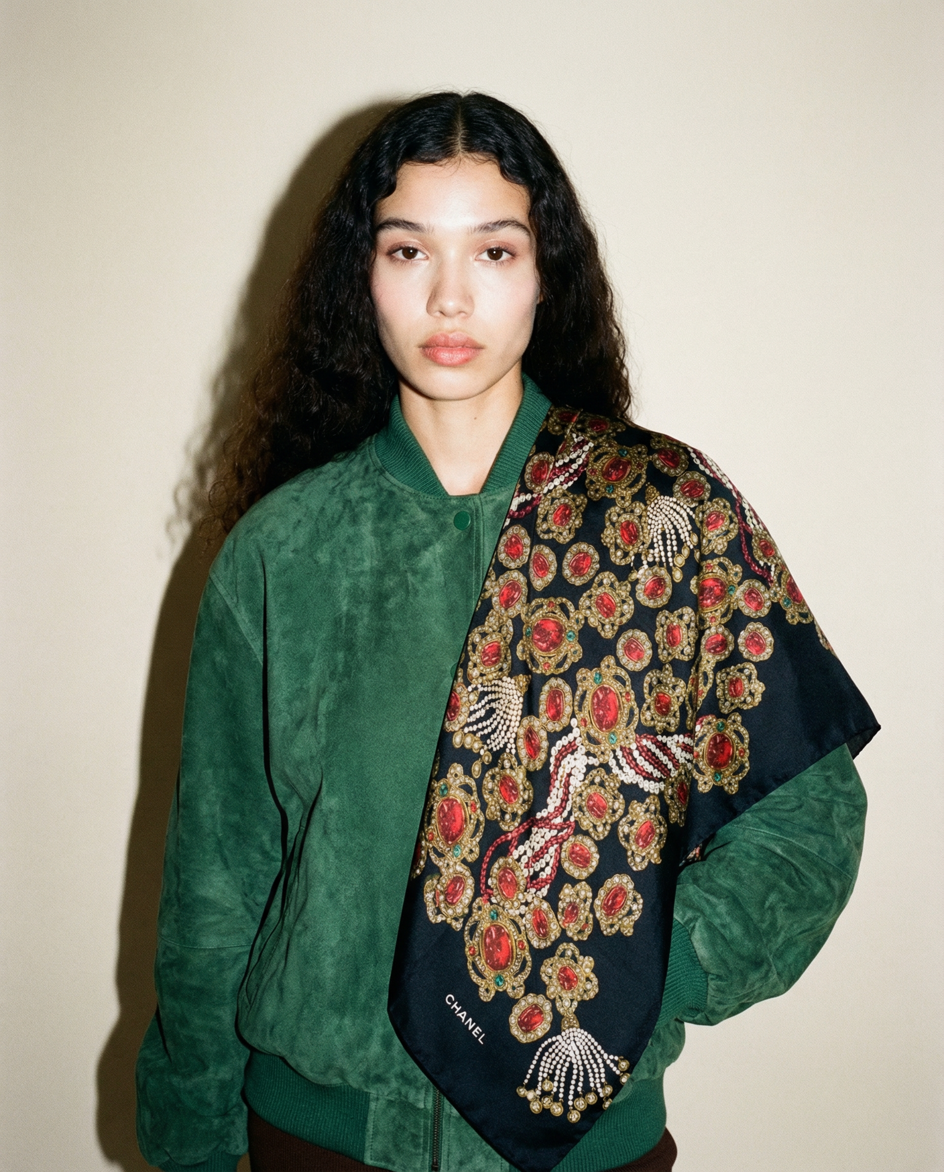 Chanel bijoux print silk scarf with red gemstone and pearl motifs on black background Mezzanotte Madrid