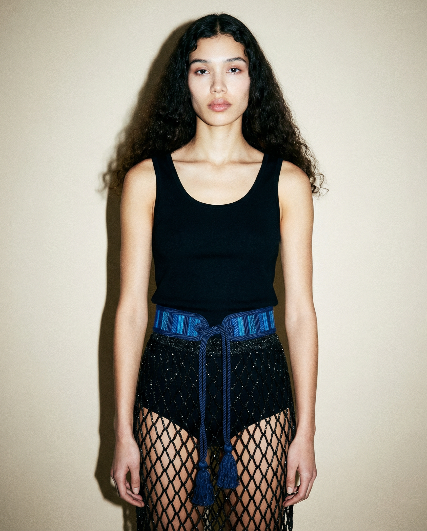 Vintage woven tie belt in navy and blue tones with braided cords and tassel ends Mezzanotte Madrid