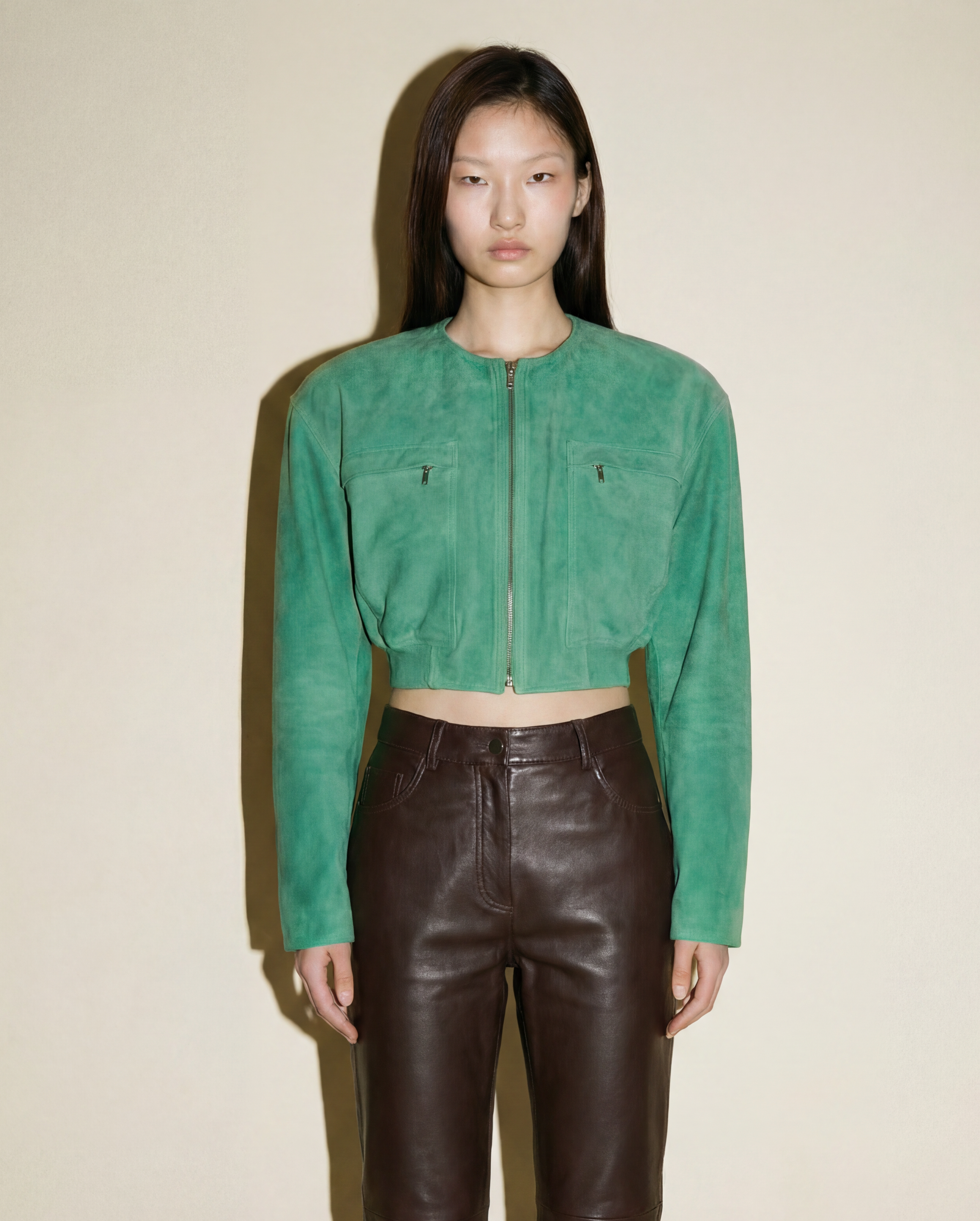 Gianni Versace green suede cropped jacket with front zip vintage 90s Mezzanotte Madrid

