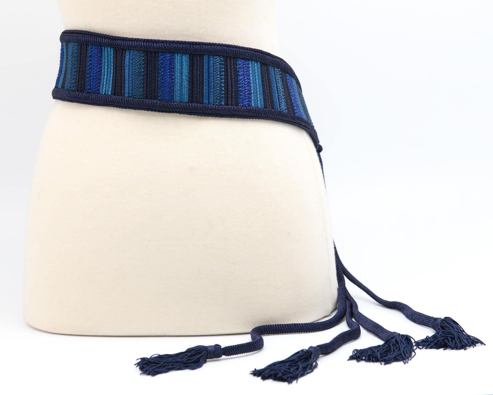 Blue woven belt with textured band and long tassel ties bohemian vintage waist accessory