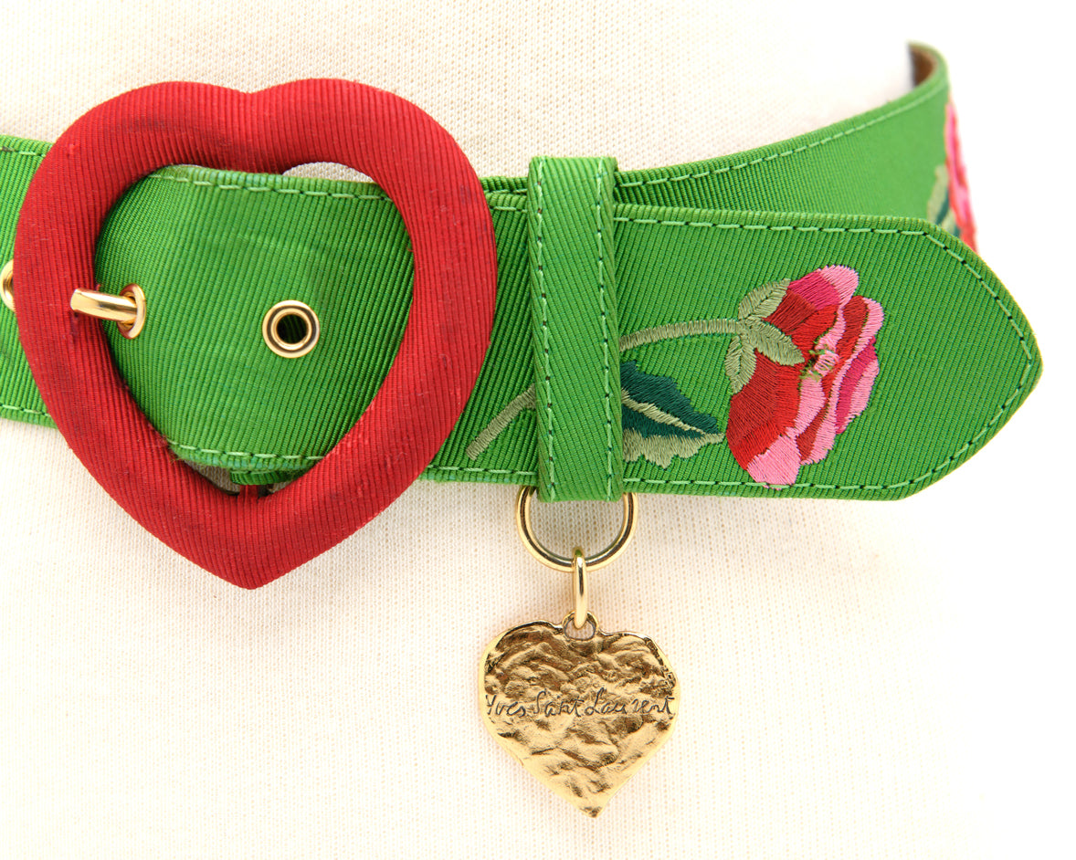 Yves Saint Laurent 1993 belt with green toile fabric and floral embroidery heart motif