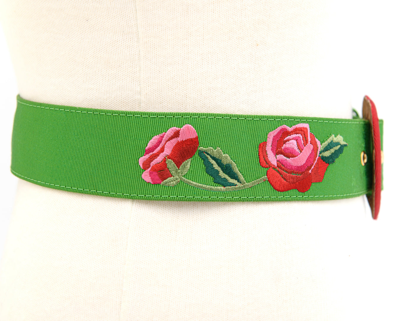 Yves Saint Laurent Love Charm Belt with green embroidered roses and red heart buckle vintage statement accessory