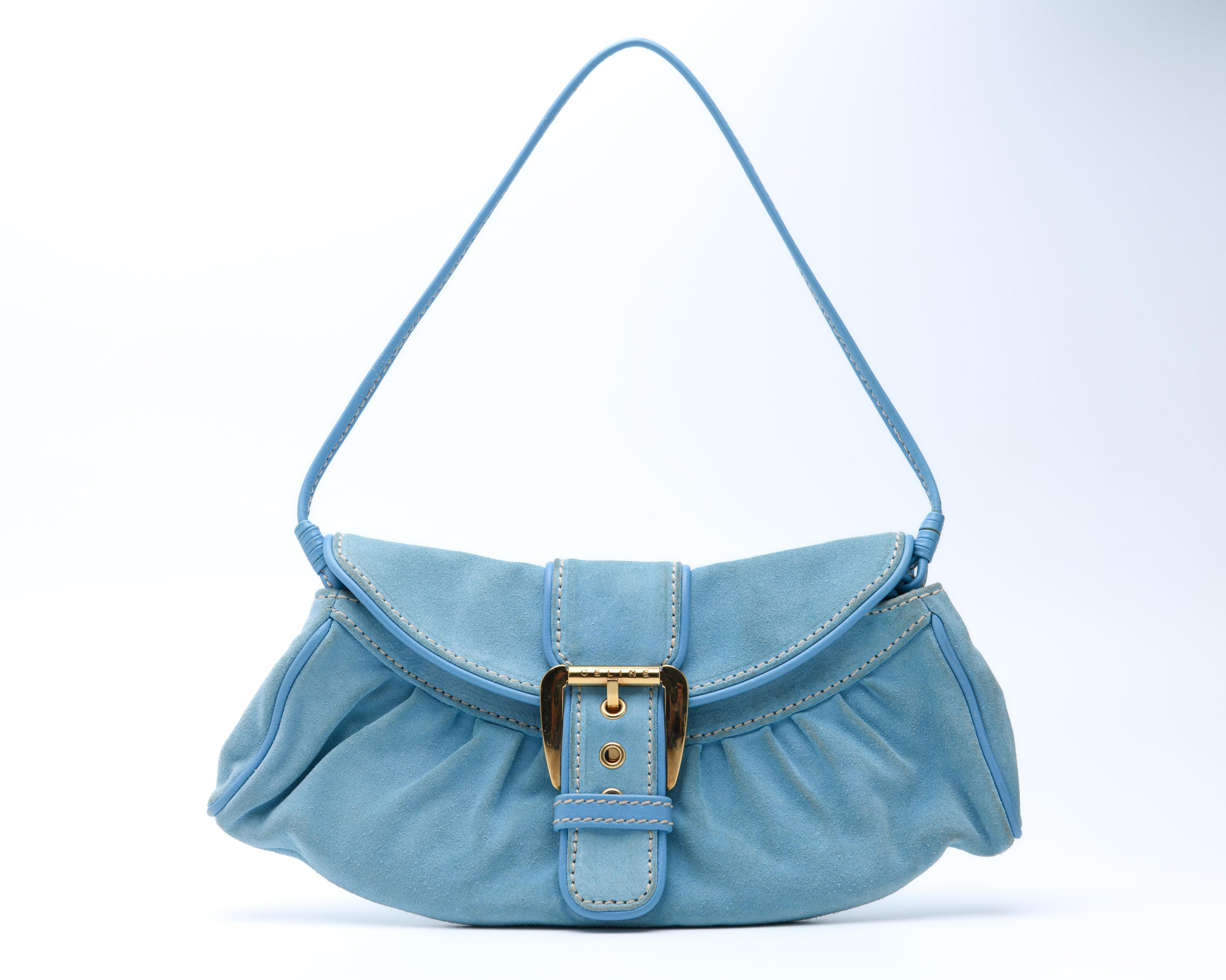 Vintage Celine suede shoulder bag 2000s by Michael Kors with gold buckle and contrast stitching | luxury vintage Madrid