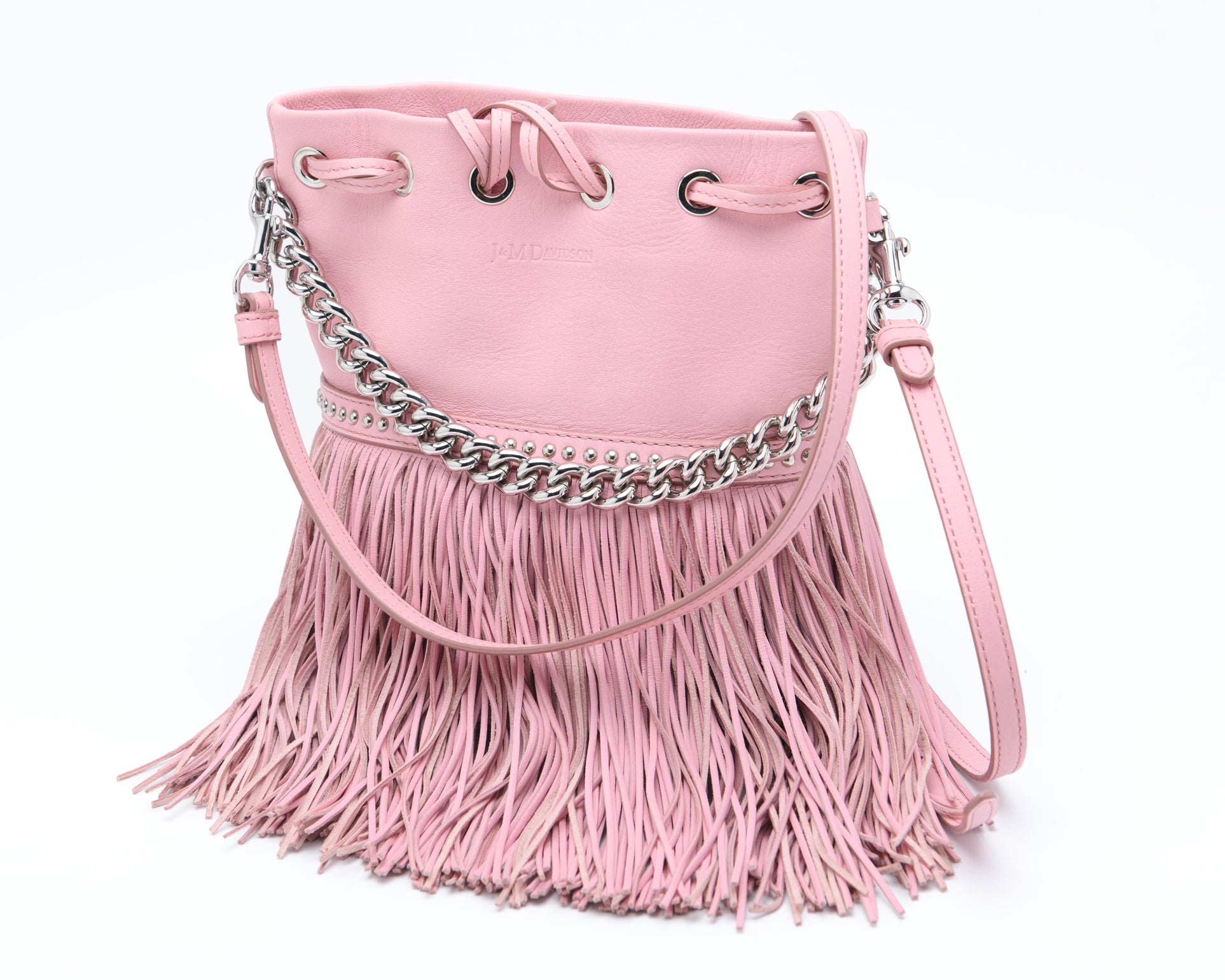 Pink leather bucket bag with cascading fringe and chain handle J&M Davidson designer handbag

