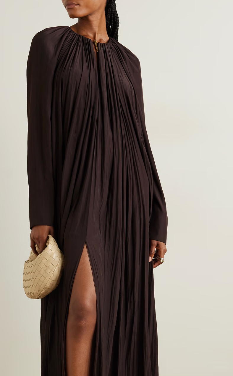 Lavin dark brown pleated maxi dress with gathered neckline and front slit — designer rental and resale at Mezzanotte Madrid