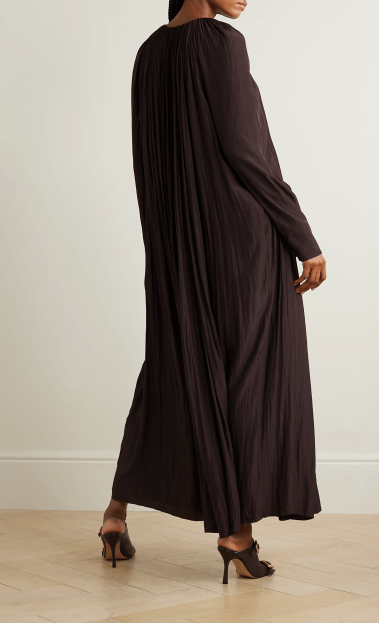 Lavin flowing pleated evening gown in dark brown with long sleeves — designer resale Mezzanotte Madrid