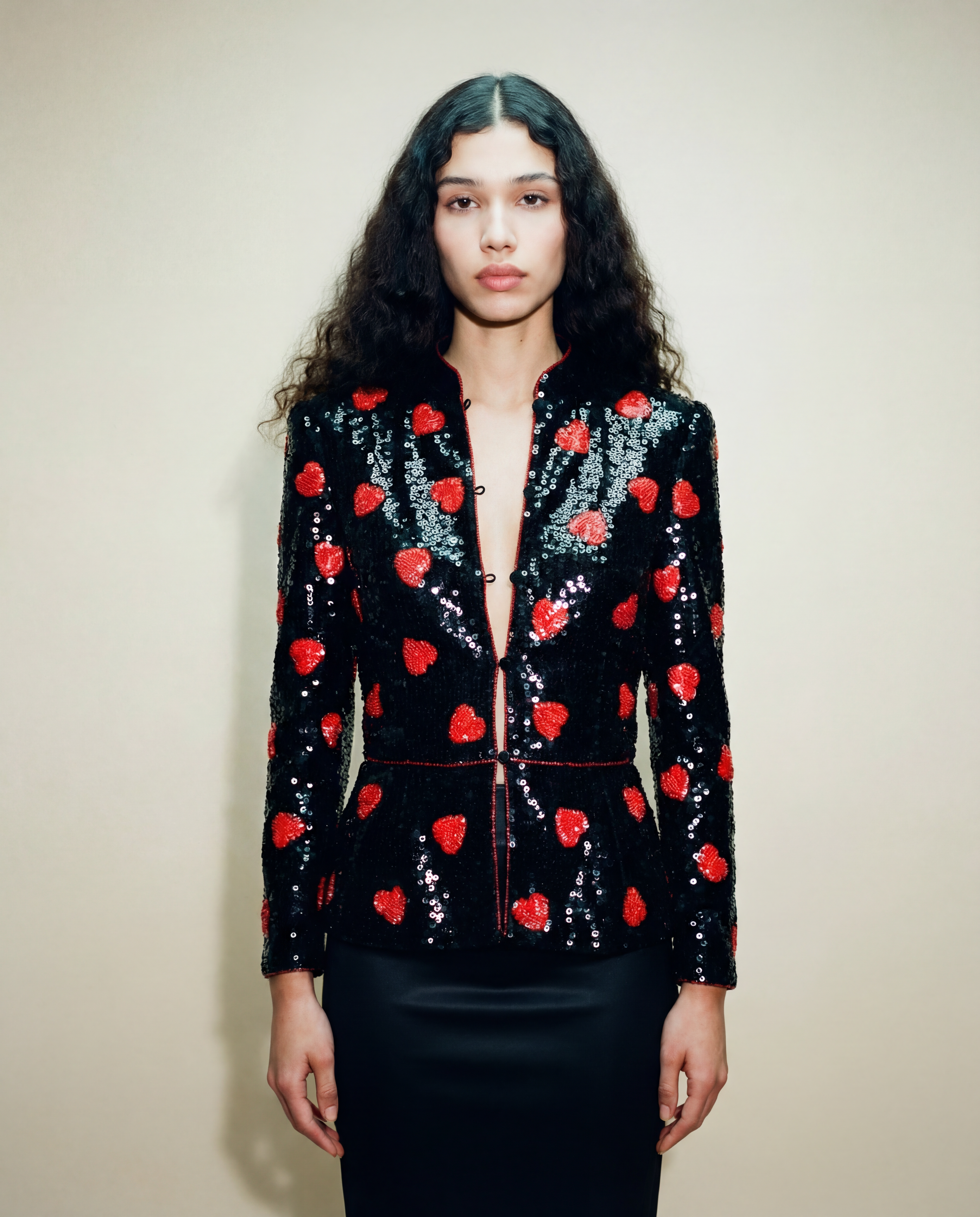 Loris Azzaro sequin blazer with red heart motifs vintage couture-inspired piece Mezzanotte Madrid
