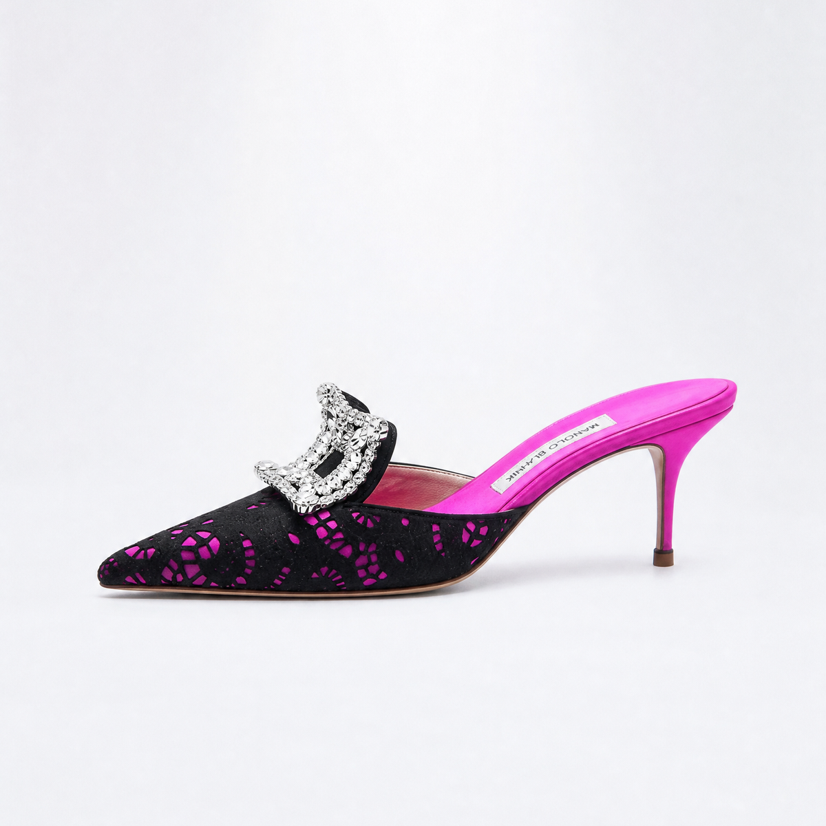 Manolo Blahnik Borli Mules | Crystal Buckle Lace Satin Heels
