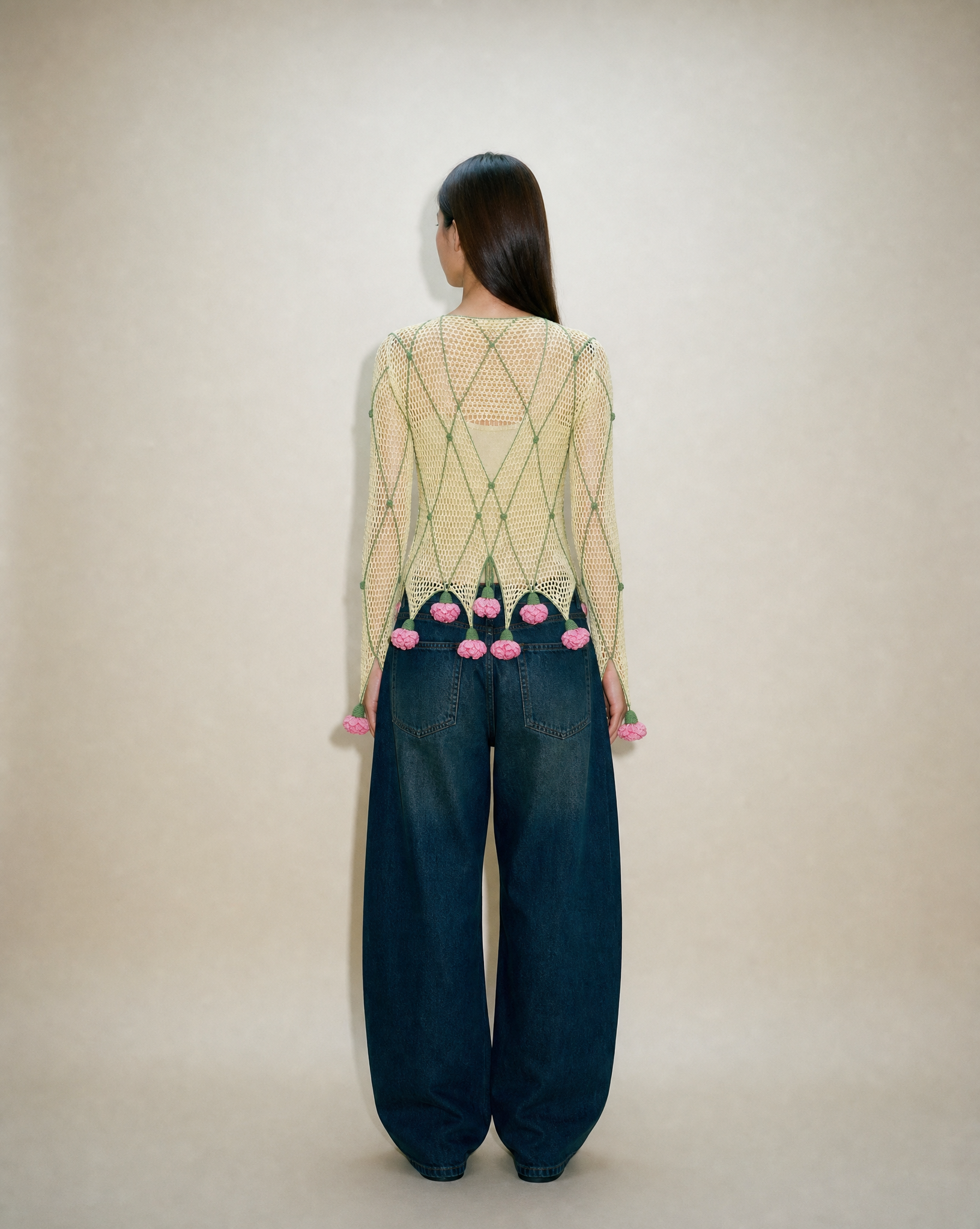 Vintage Moschino crochet top with mesh knit structure and dangling floral appliqués