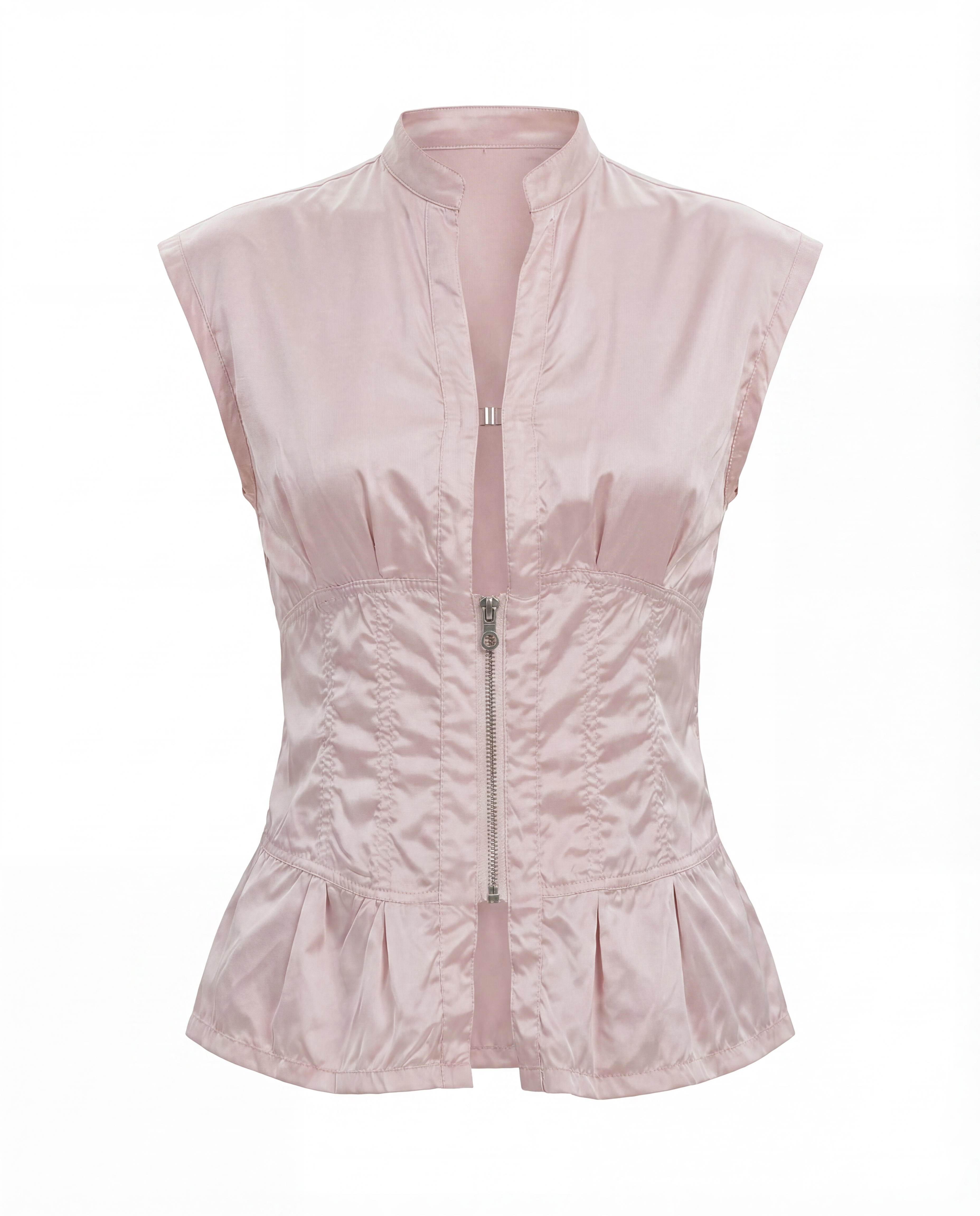 Close-up of the technical nylon-satin fabric on the Prada Sport corset-style top showing its signature sheen and reinforced seams.