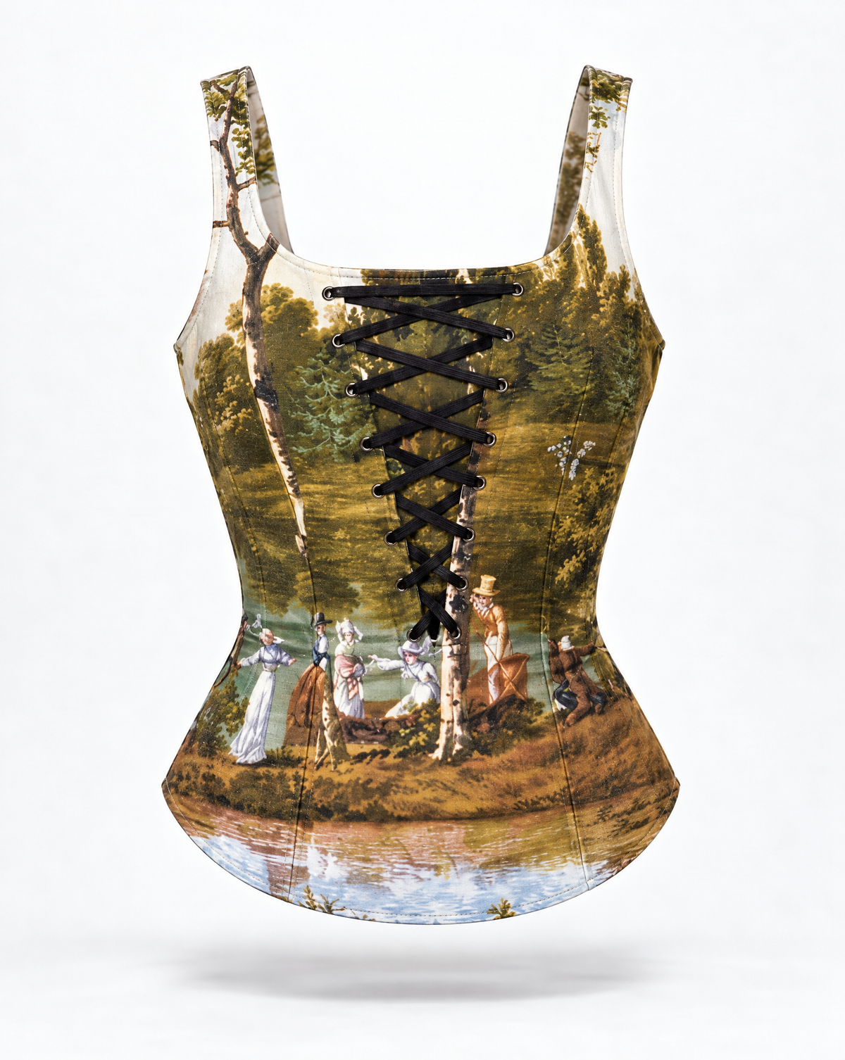 Early 2000s Moschino corset-inspired tank top with a lace-up front and panoramic pastoral landscape print. A collectible piece from Rossella Jardini’s era, available at Mezzanotte Vintage.